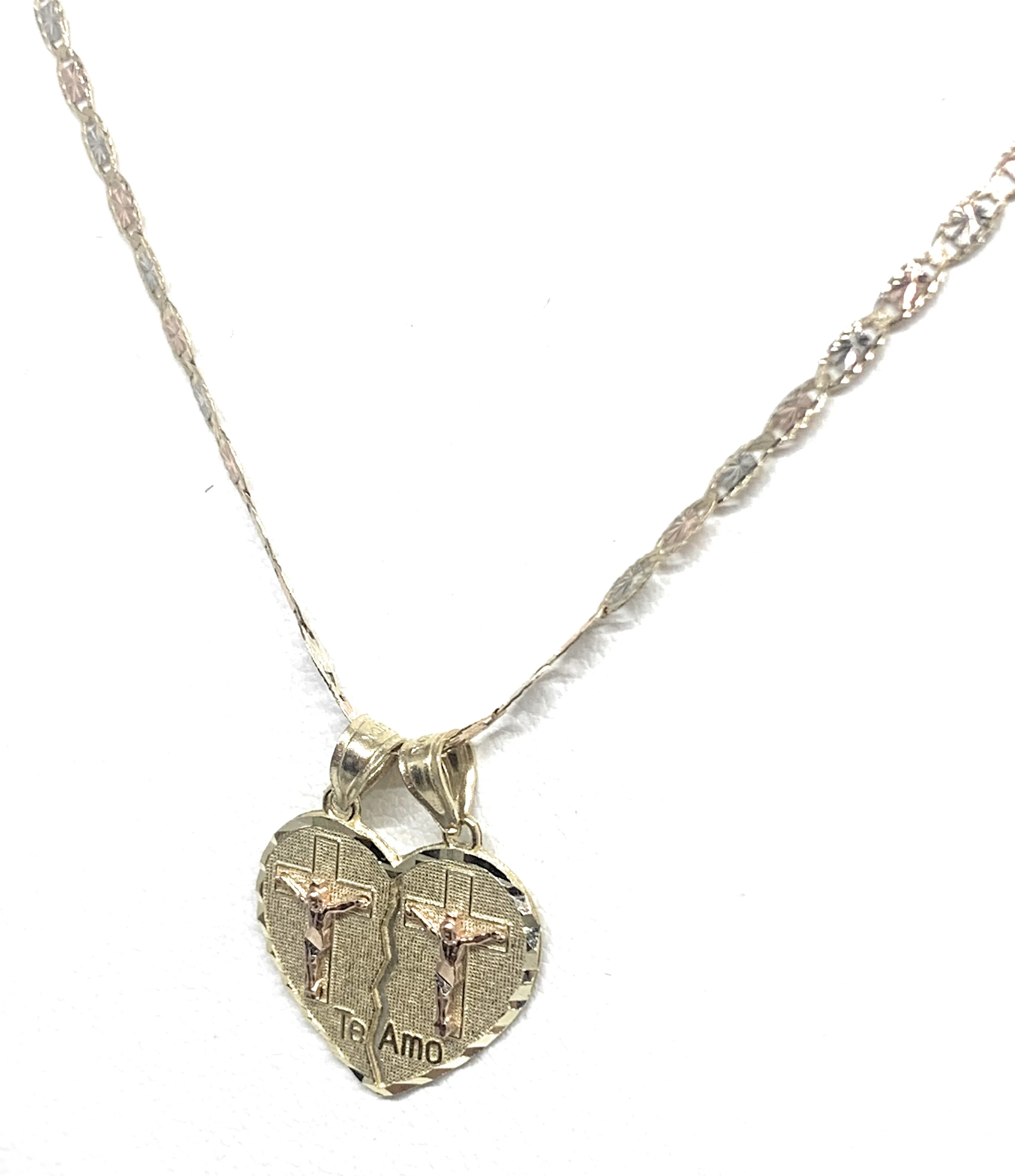 10k Solid Gold Yellow & Rose Gold Double Cristo Cross Jesus "Te Amo" Heart Split Pendant - Image 7