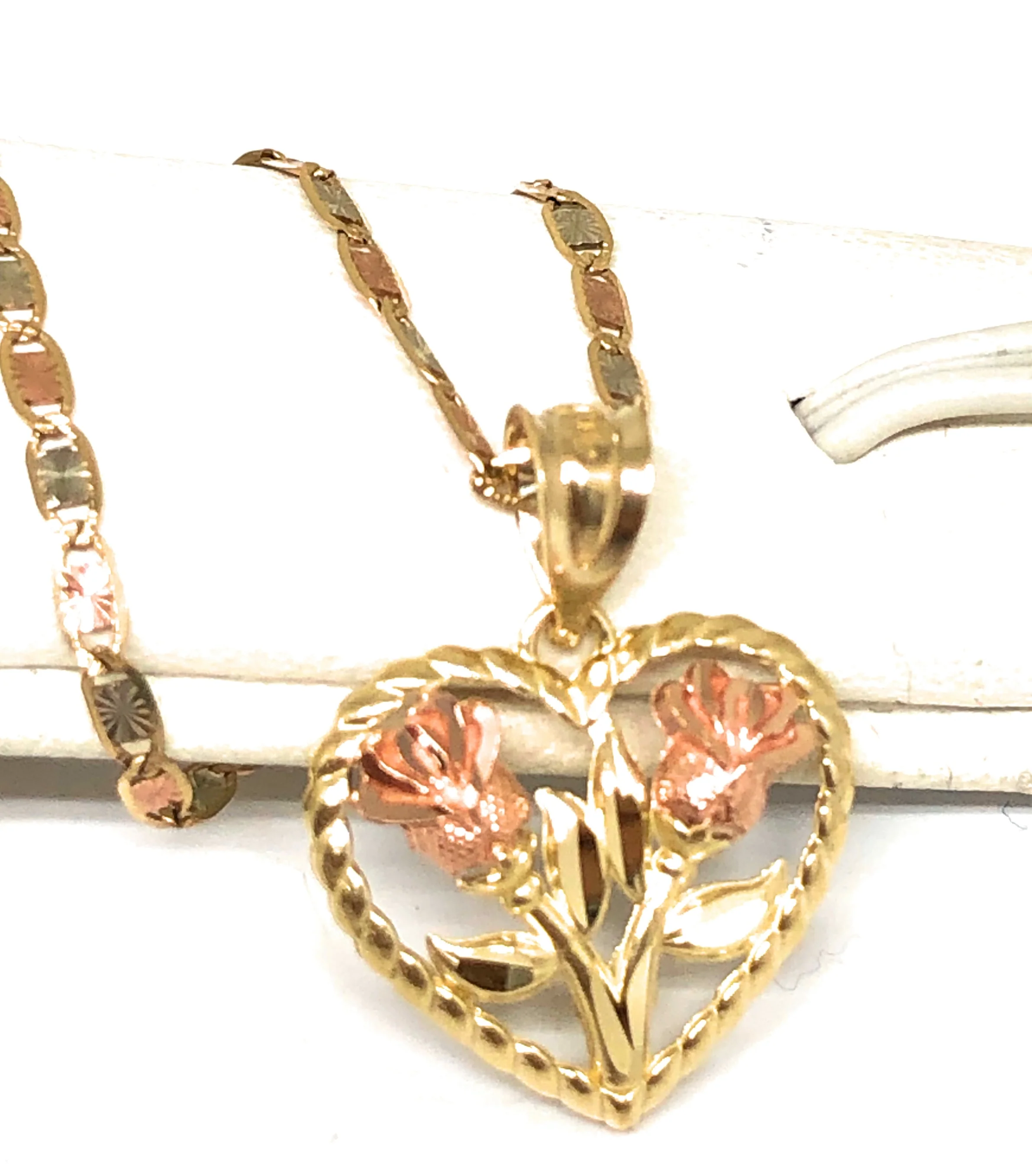 10k Solid Gold Yellow & Rose Gold Double Rose Flower Pendant Necklace Valentina Chain - Image 2