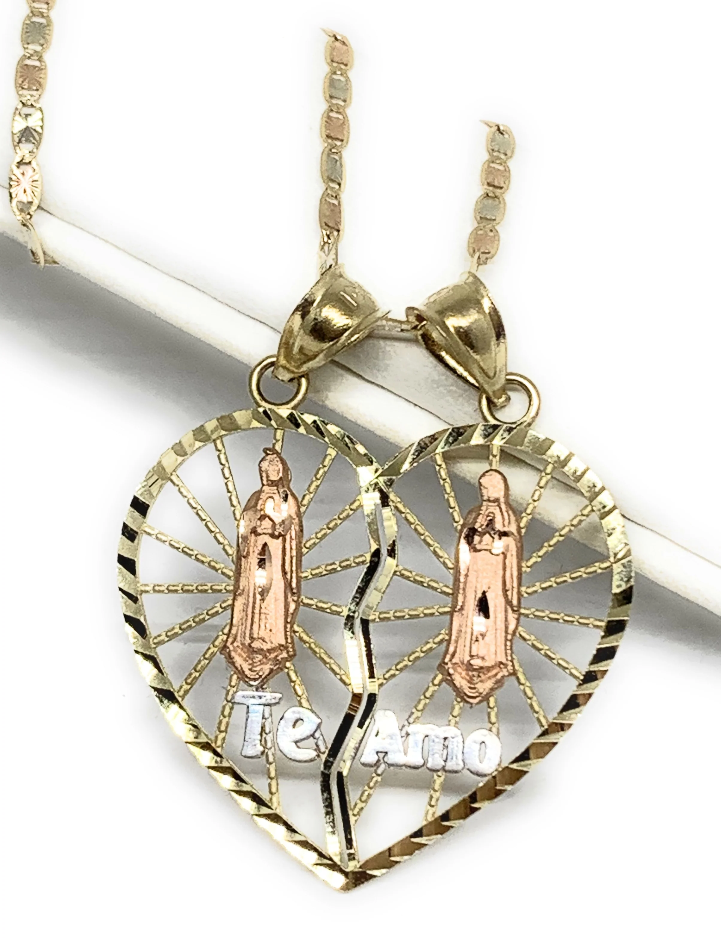10k Solid Gold Yellow & Rose Gold Double Virrgin Mary "Te Amo" Heart Split Pendant