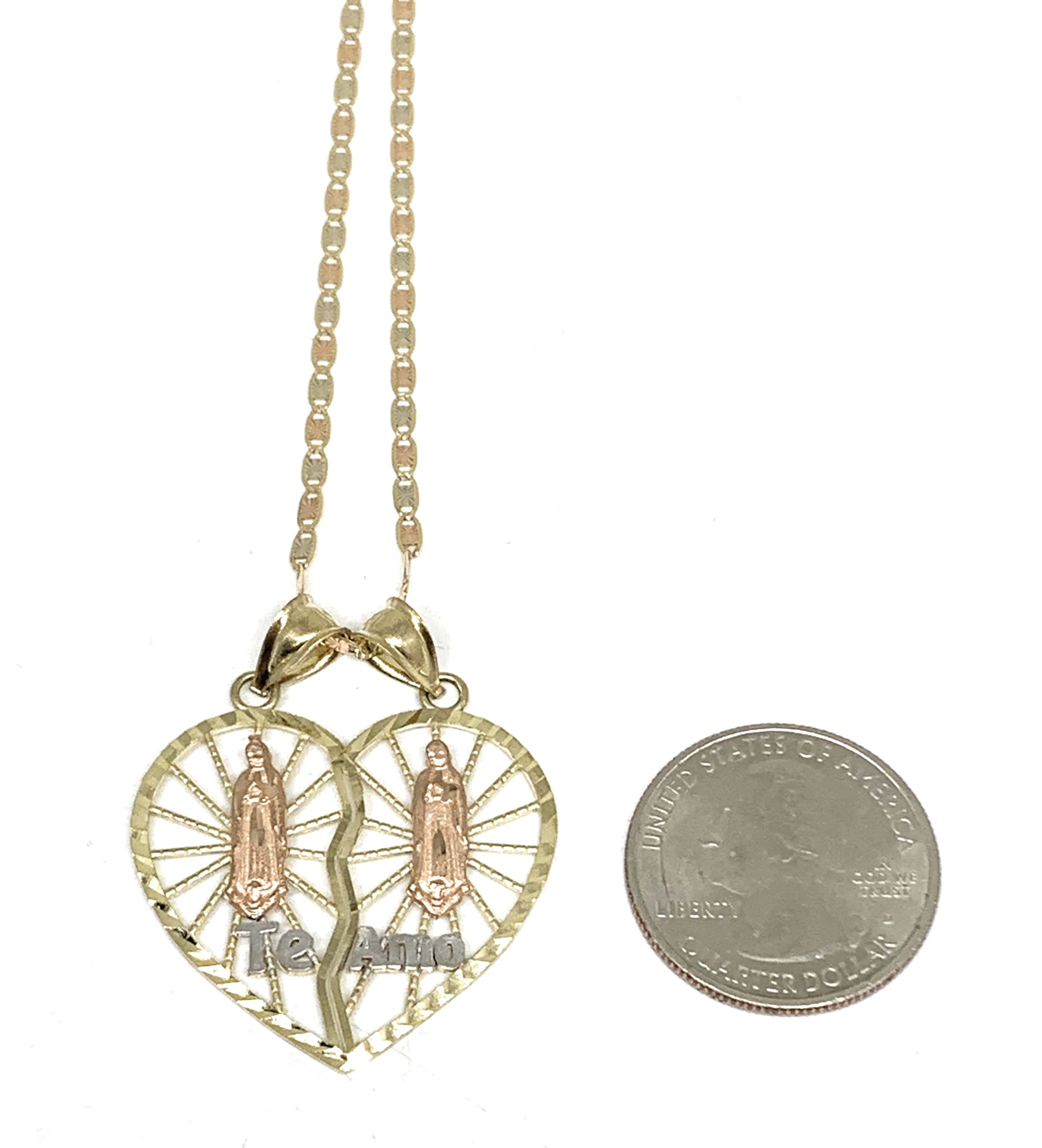 10k Solid Gold Yellow & Rose Gold Double Virrgin Mary "Te Amo" Heart Split Pendant - Image 2