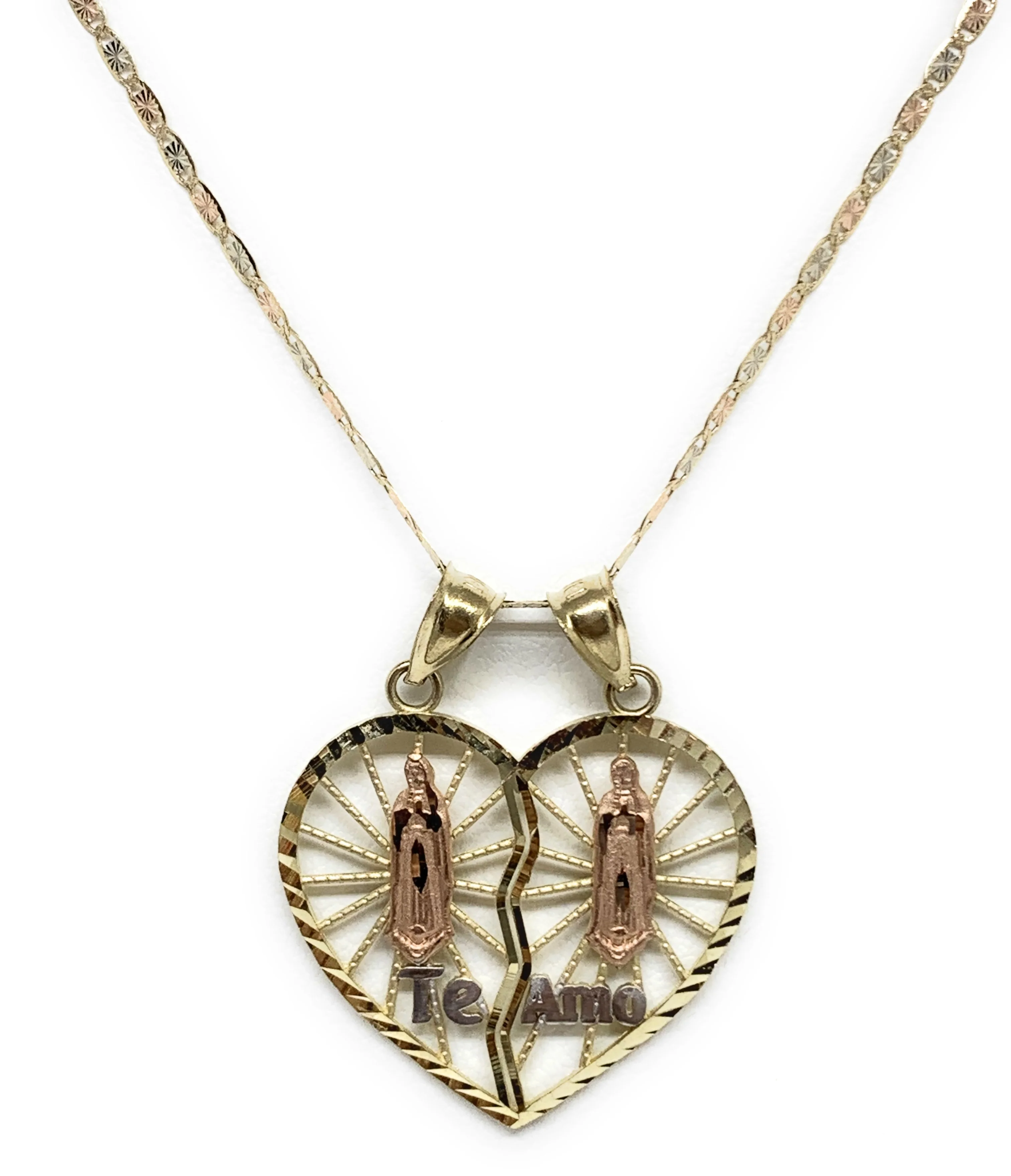 10k Solid Gold Yellow & Rose Gold Double Virrgin Mary "Te Amo" Heart Split Pendant - Image 3