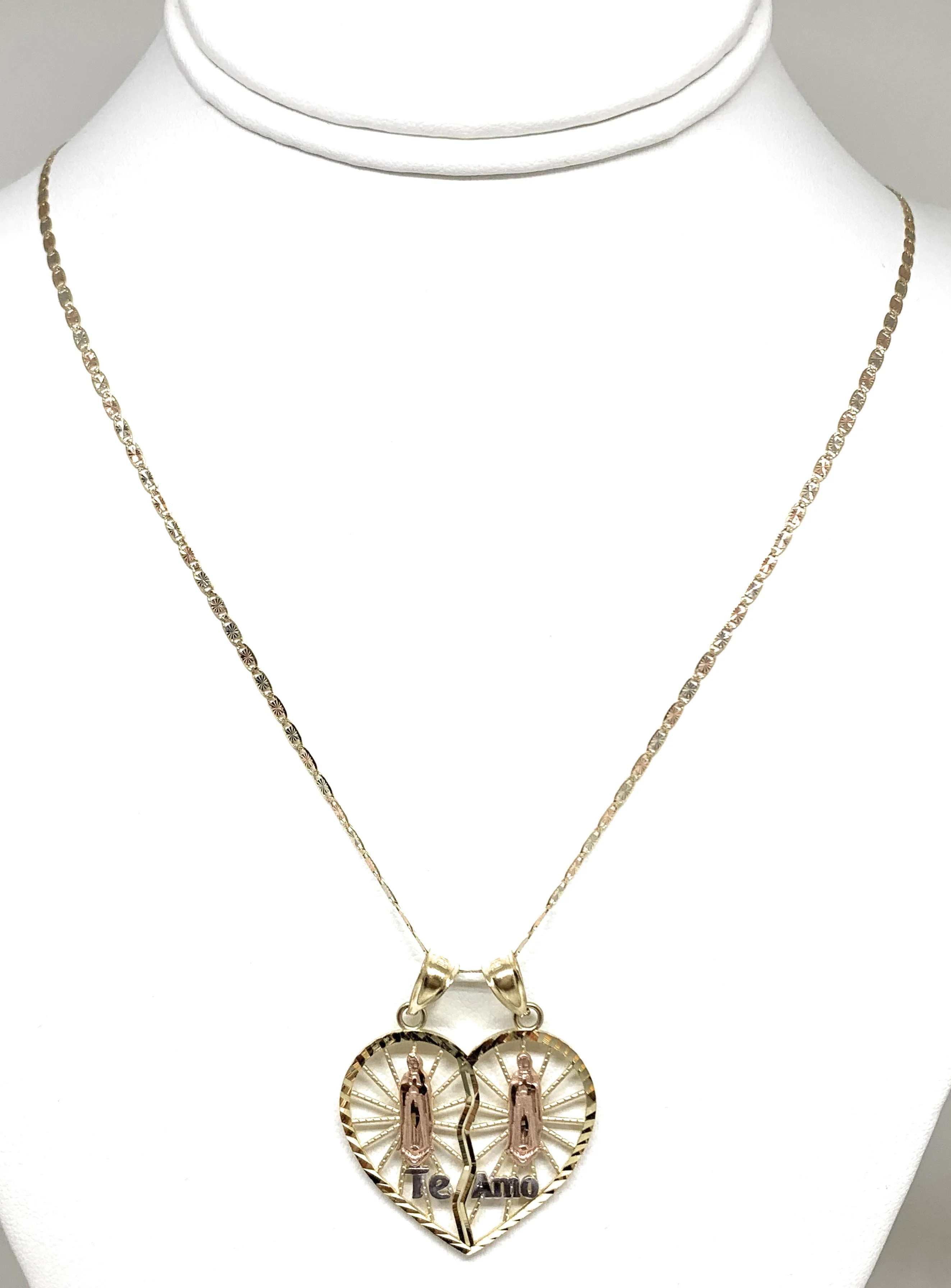 10k Solid Gold Yellow & Rose Gold Double Virrgin Mary "Te Amo" Heart Split Pendant - Image 4