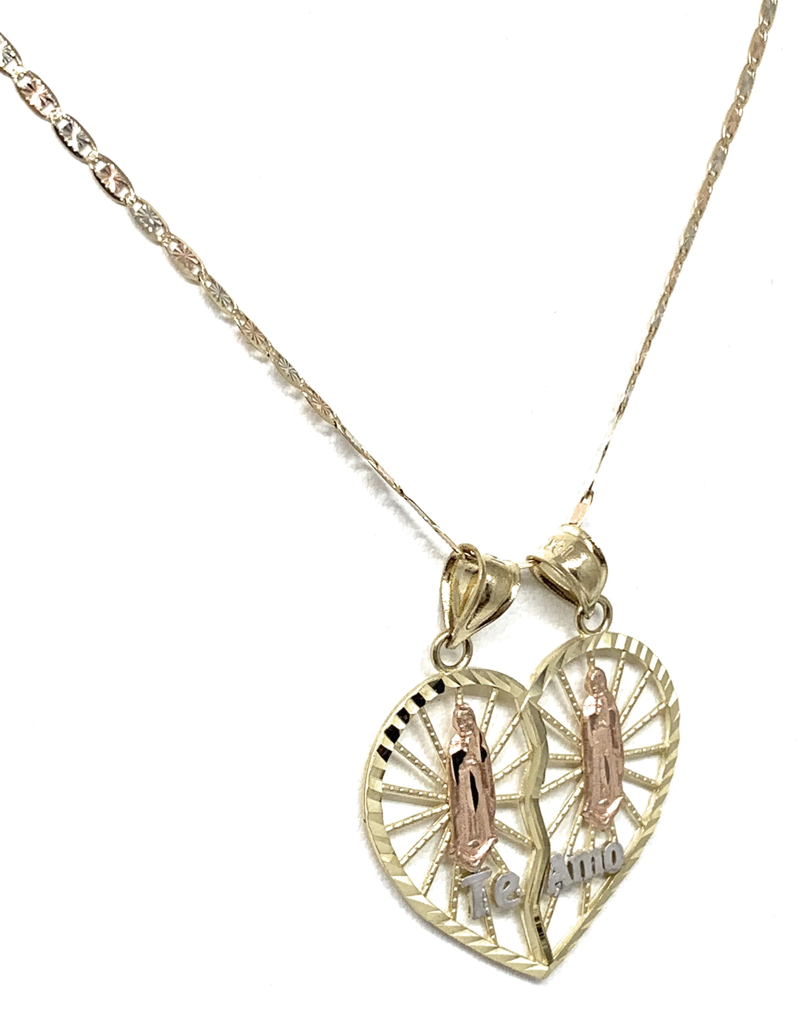 10k Solid Gold Yellow & Rose Gold Double Virrgin Mary "Te Amo" Heart Split Pendant - Image 5
