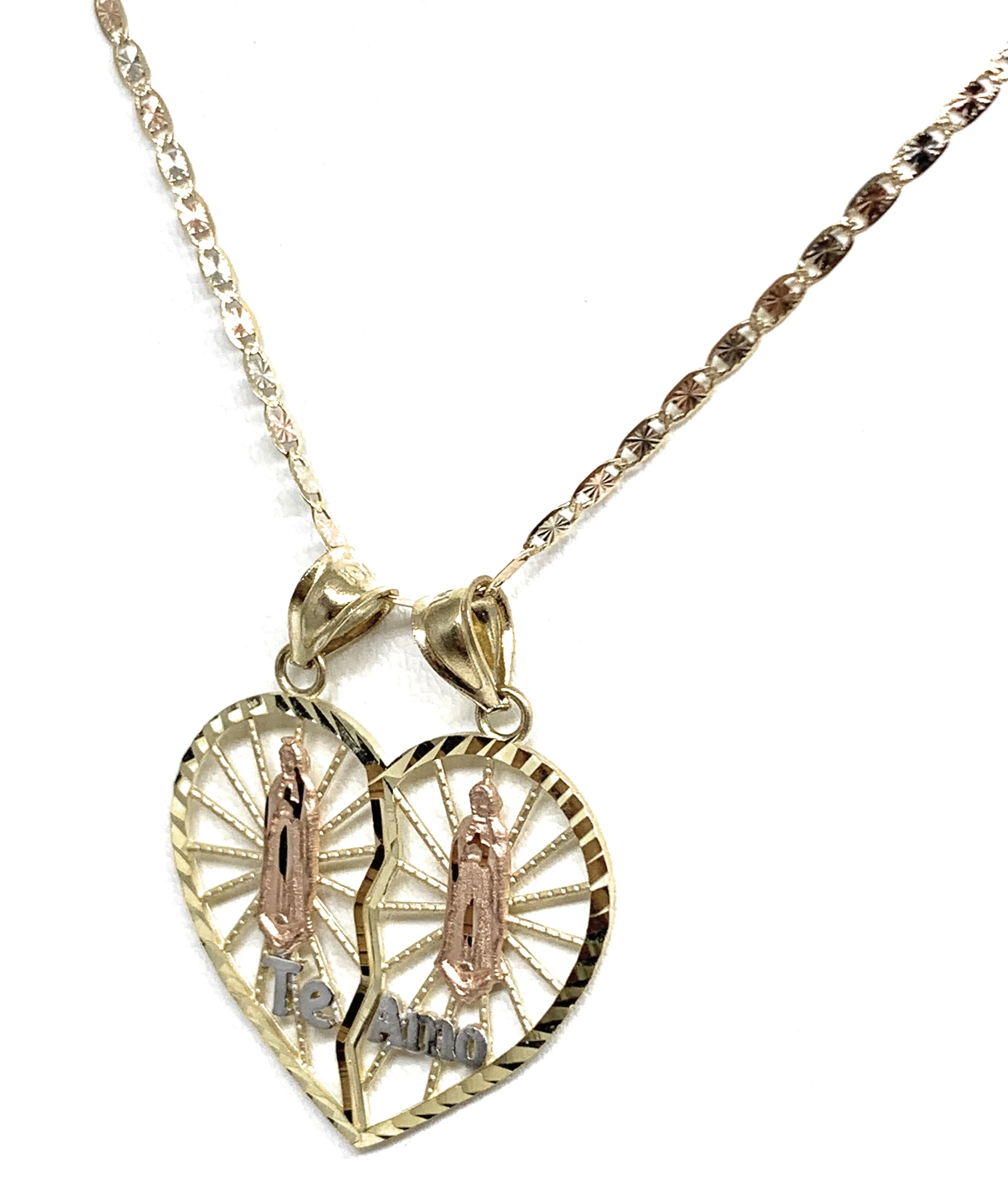 10k Solid Gold Yellow & Rose Gold Double Virrgin Mary "Te Amo" Heart Split Pendant - Image 6