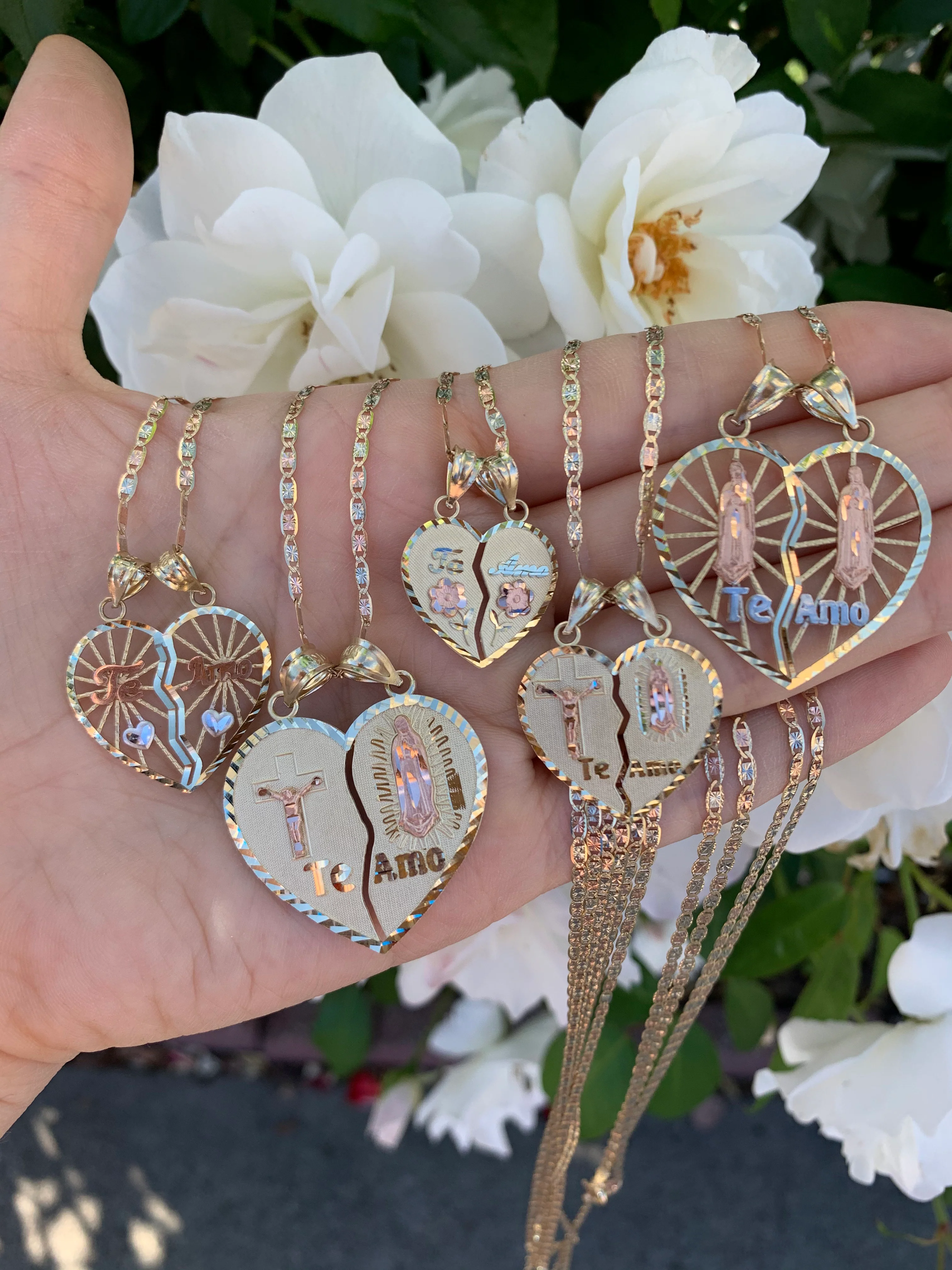 10k Solid Gold Yellow & Rose Gold Double Virrgin Mary "Te Amo" Heart Split Pendant - Image 7
