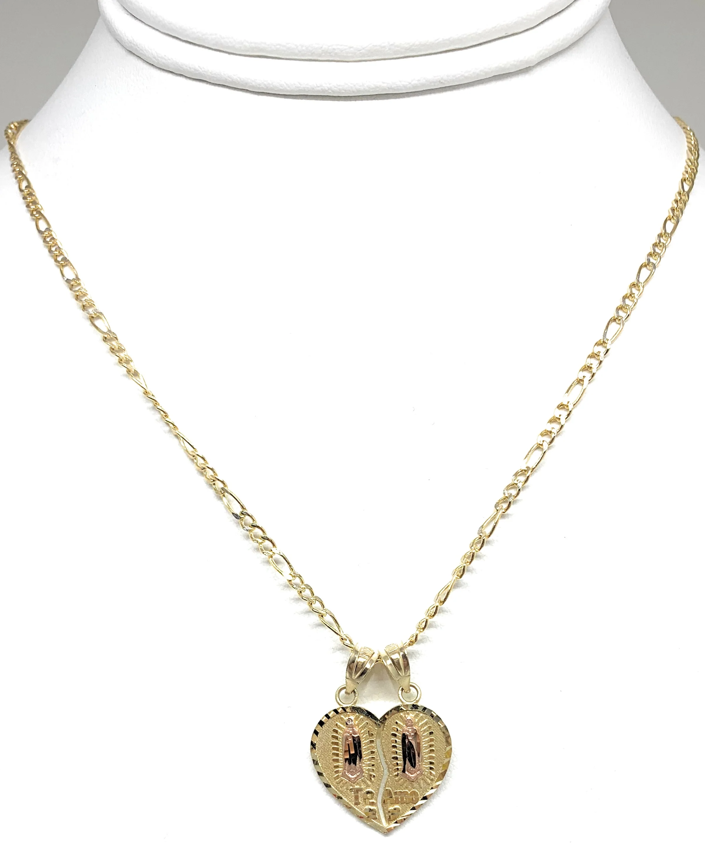 10k Solid Gold Yellow & Rose Gold Double Virrgin Mary "Te Amo" Heart Split Pendant - Image 5