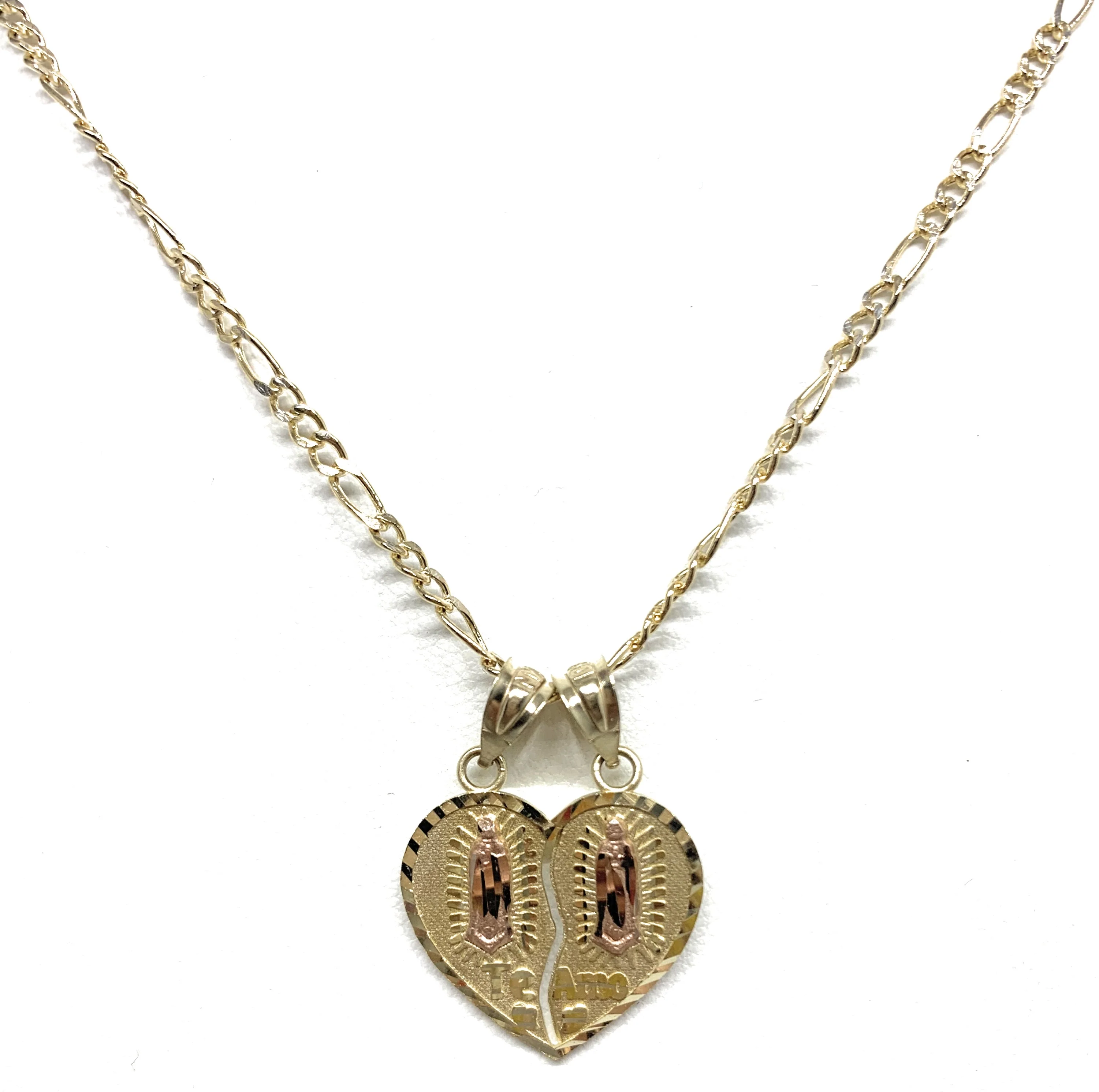 10k Solid Gold Yellow & Rose Gold Double Virrgin Mary "Te Amo" Heart Split Pendant - Image 8