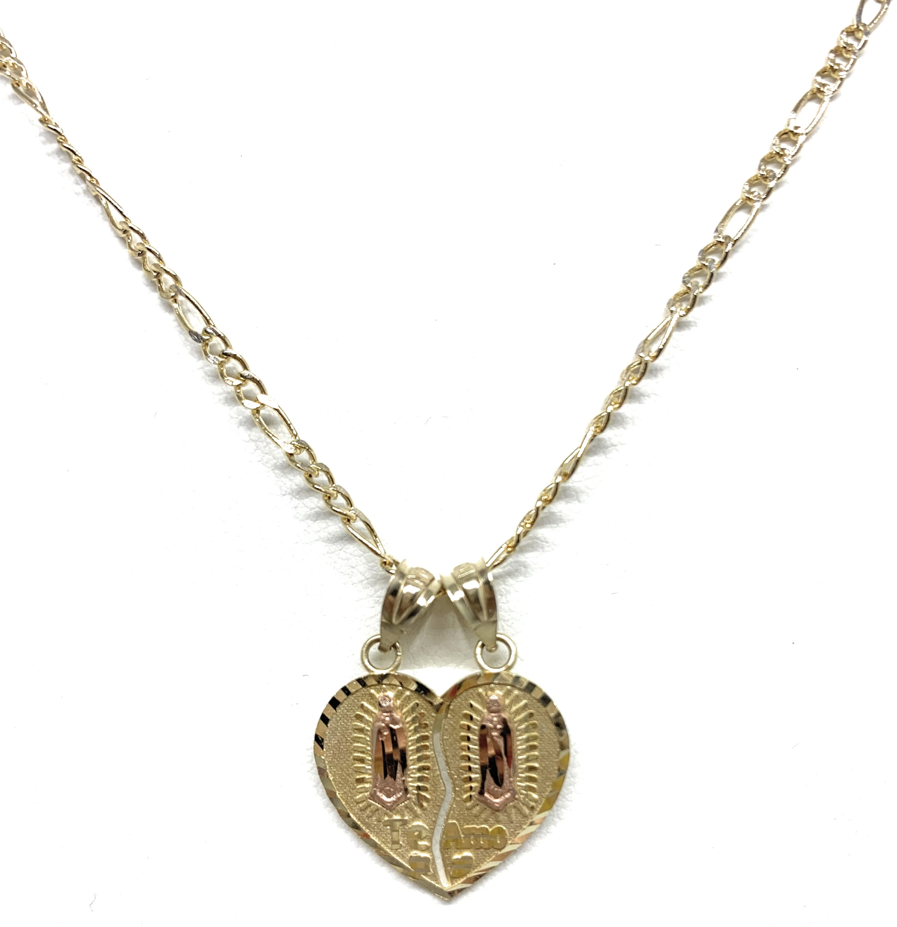 10k Solid Gold Yellow & Rose Gold Double Virrgin Mary "Te Amo" Heart Split Pendant - Image 9