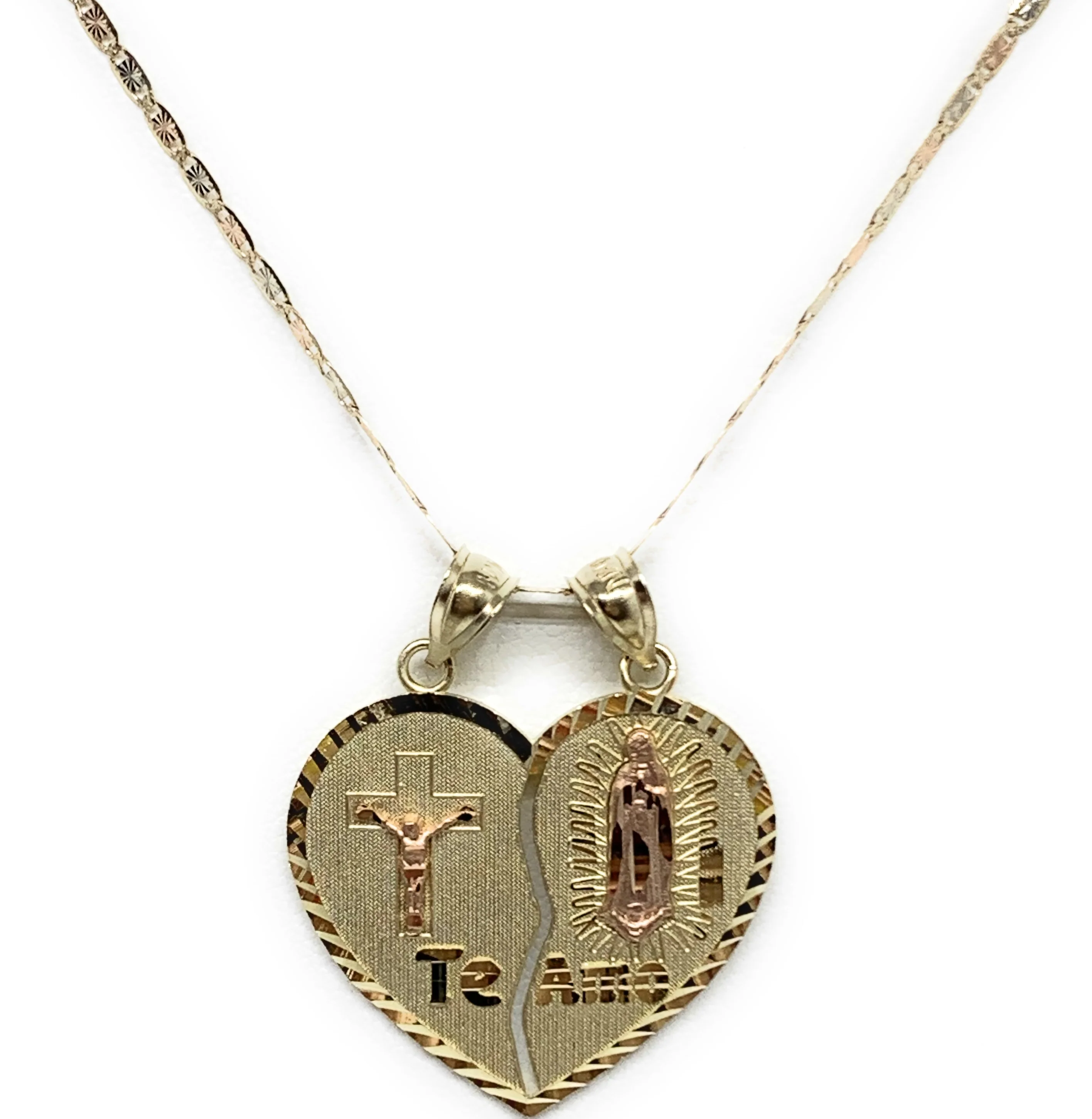 10k Solid Gold Yellow & Rose Gold Virrgin Mary Jesus Cristo "Te Amo" Heart Split Pendant (LG,MED) - Image 4