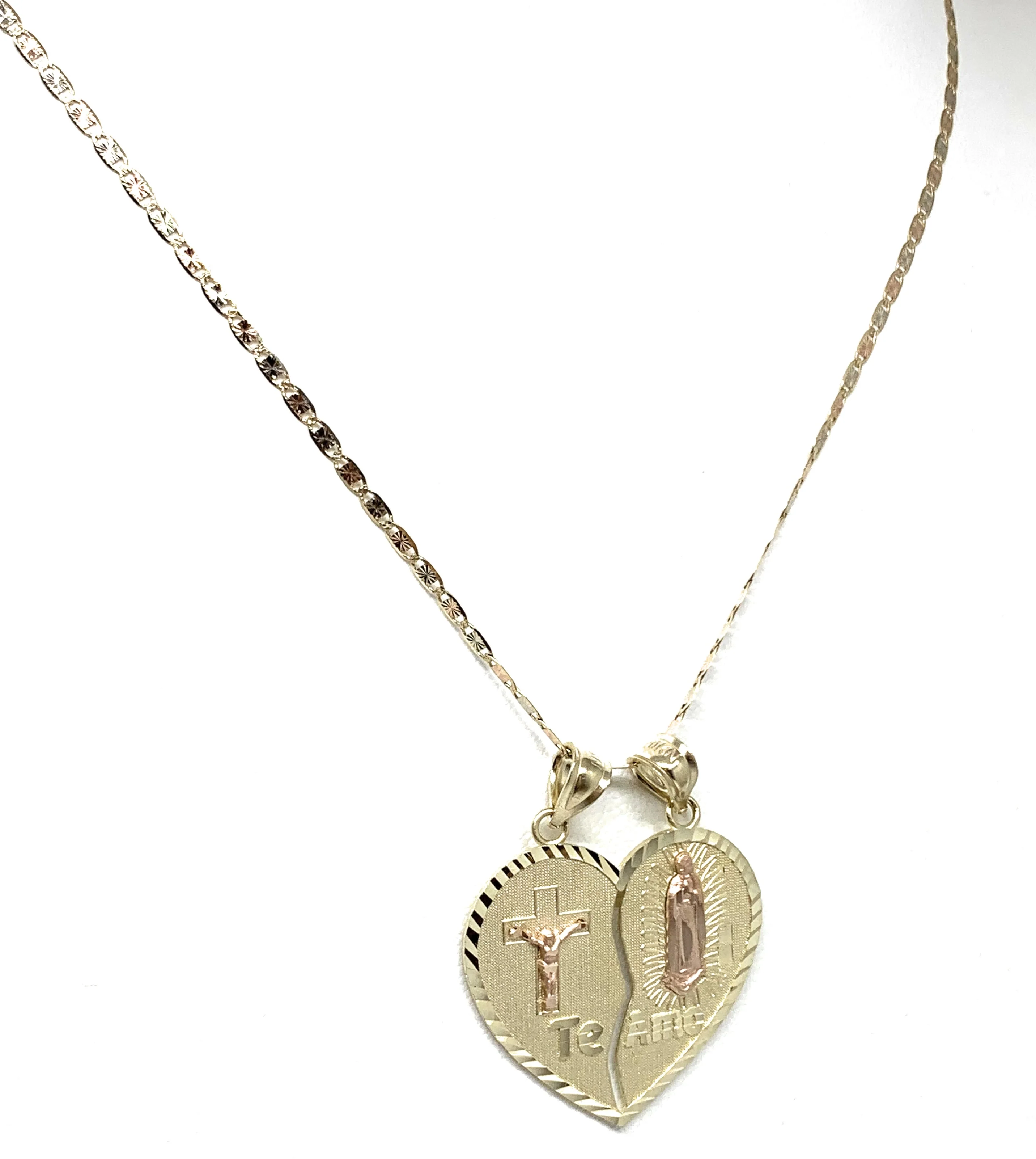 10k Solid Gold Yellow & Rose Gold Virrgin Mary Jesus Cristo "Te Amo" Heart Split Pendant (LG,MED) - Image 6