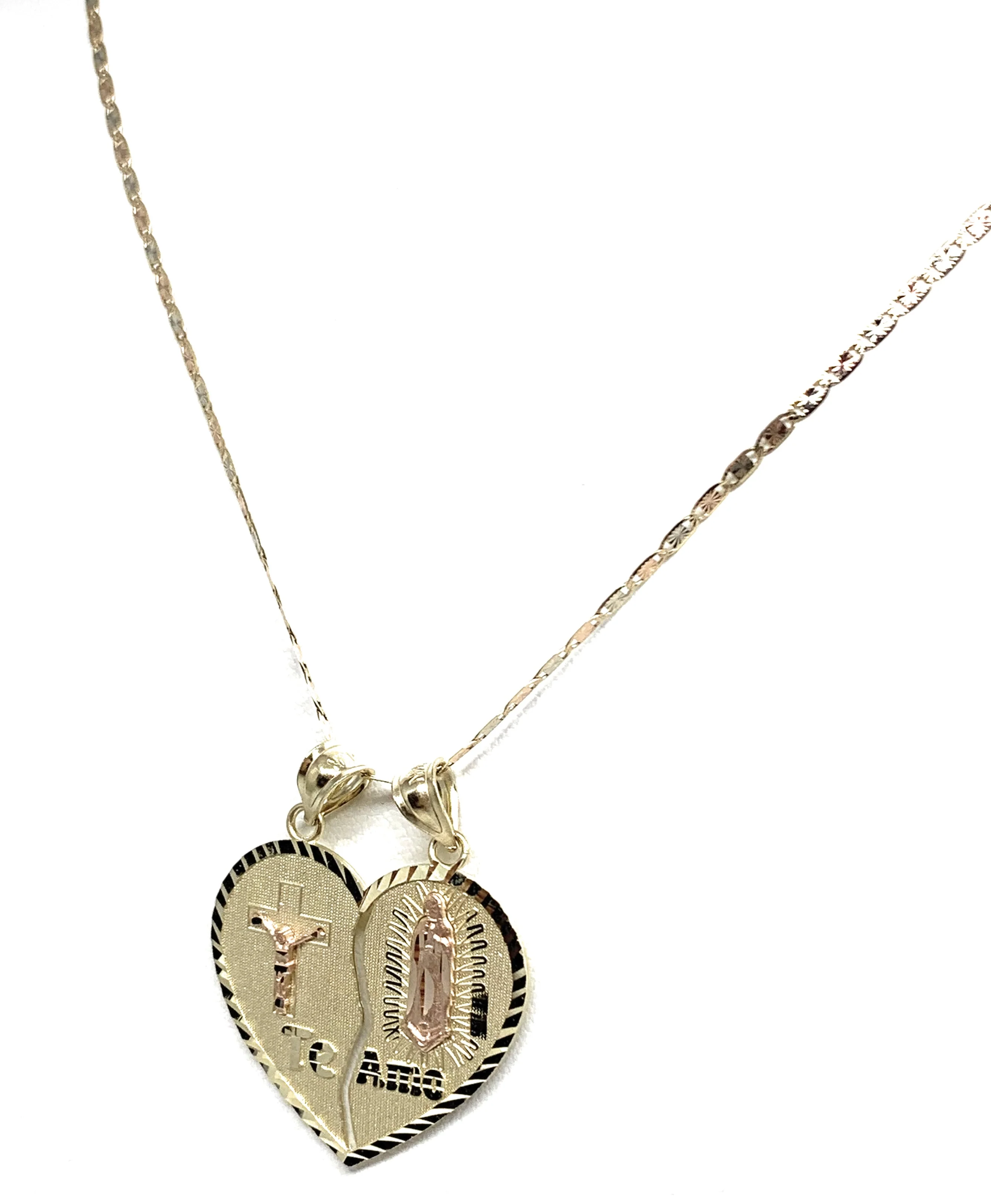 10k Solid Gold Yellow & Rose Gold Virrgin Mary Jesus Cristo "Te Amo" Heart Split Pendant (LG,MED) - Image 7