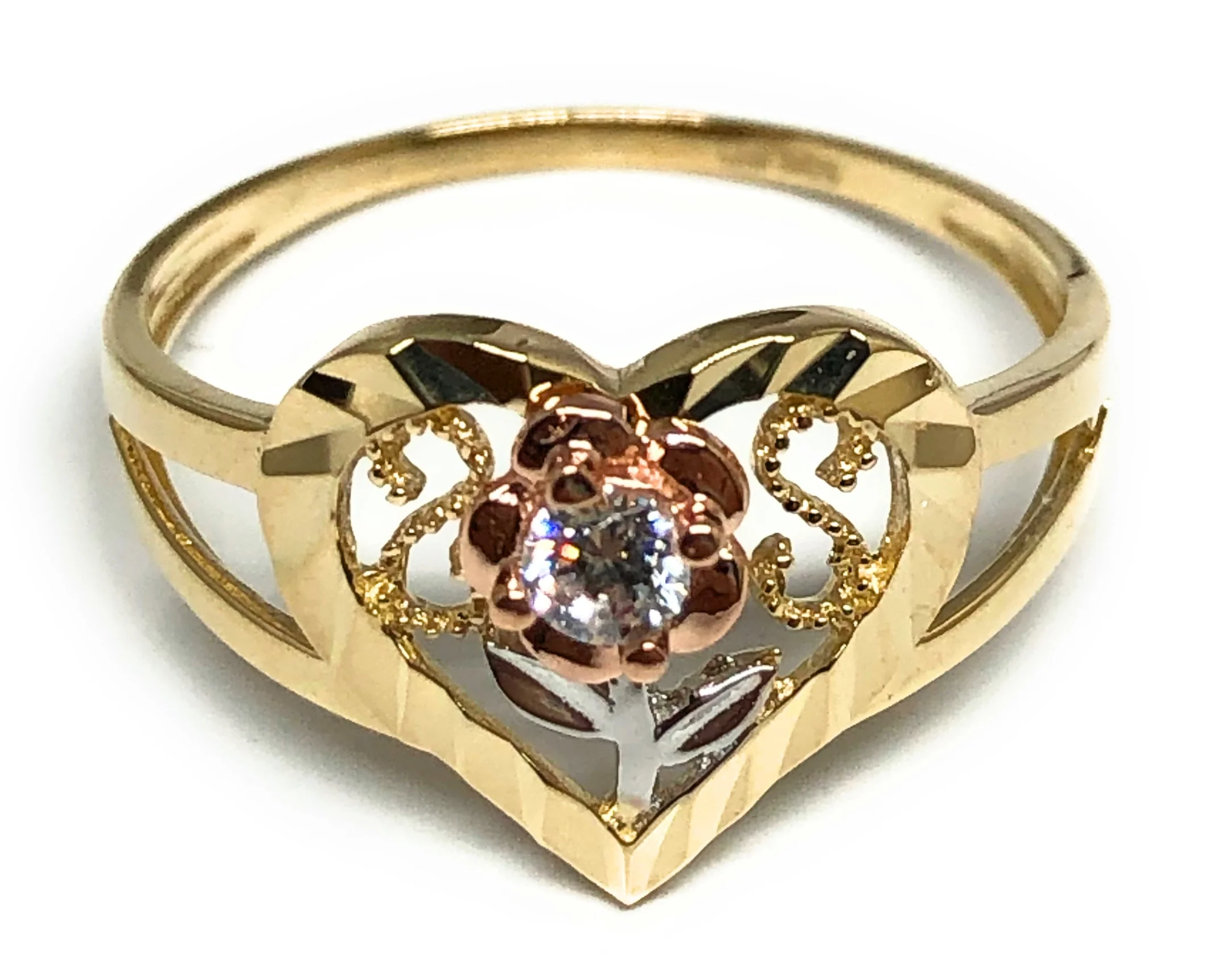 10k Solid Gold Tri-Color Heart Flower CZ Ring (FC 32)