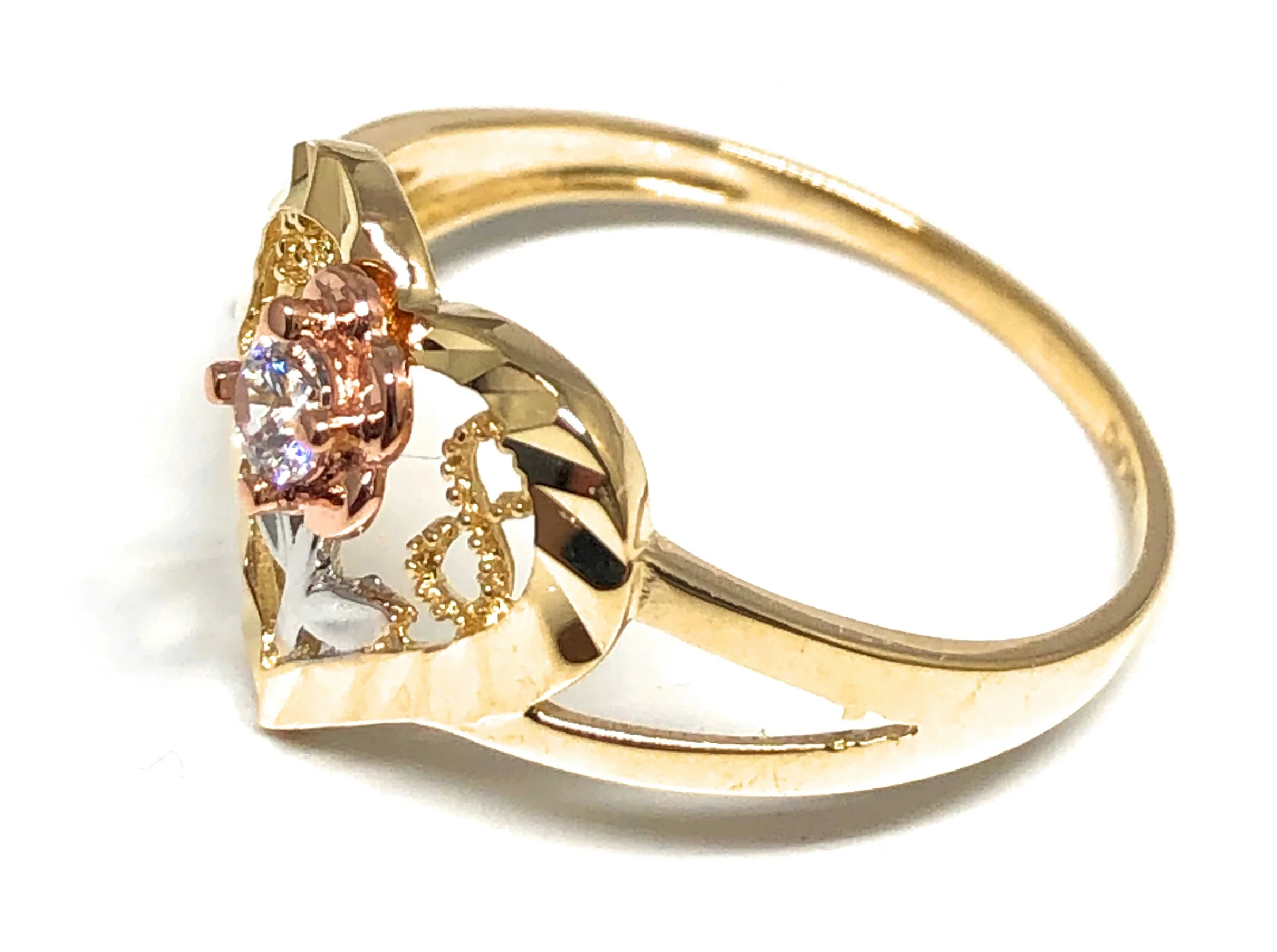 10k Solid Gold Tri-Color Heart Flower CZ Ring (FC 32) - Image 2