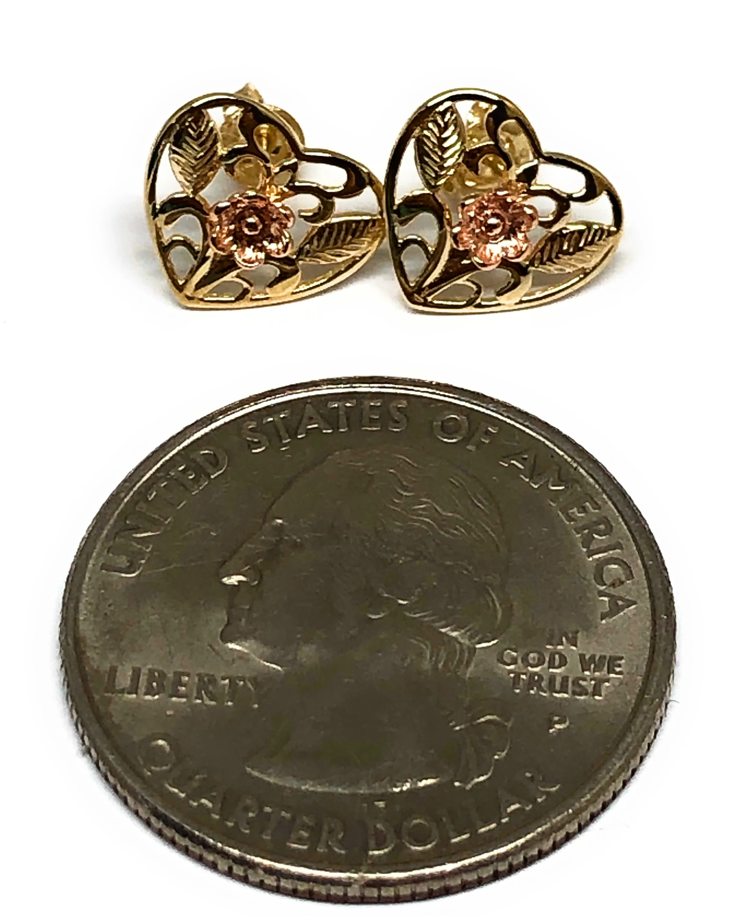 10k Solid Gold Yellow & Rose Gold Heart Flower Stud Earrings (FC) - Image 2
