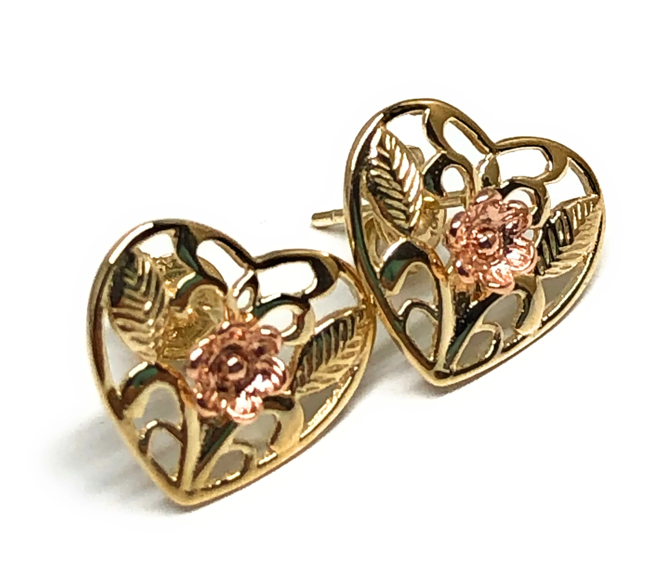 10k Solid Gold Yellow & Rose Gold Heart Flower Stud Earrings (FC) - Image 3