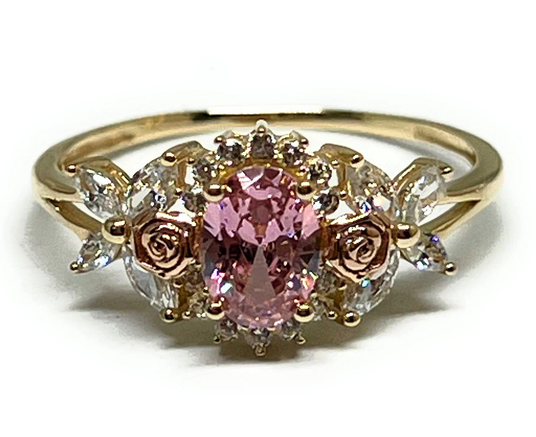 10k Solid Gold Yellow & Rose Gold PINK CZ Flower Ring (FC 303)
