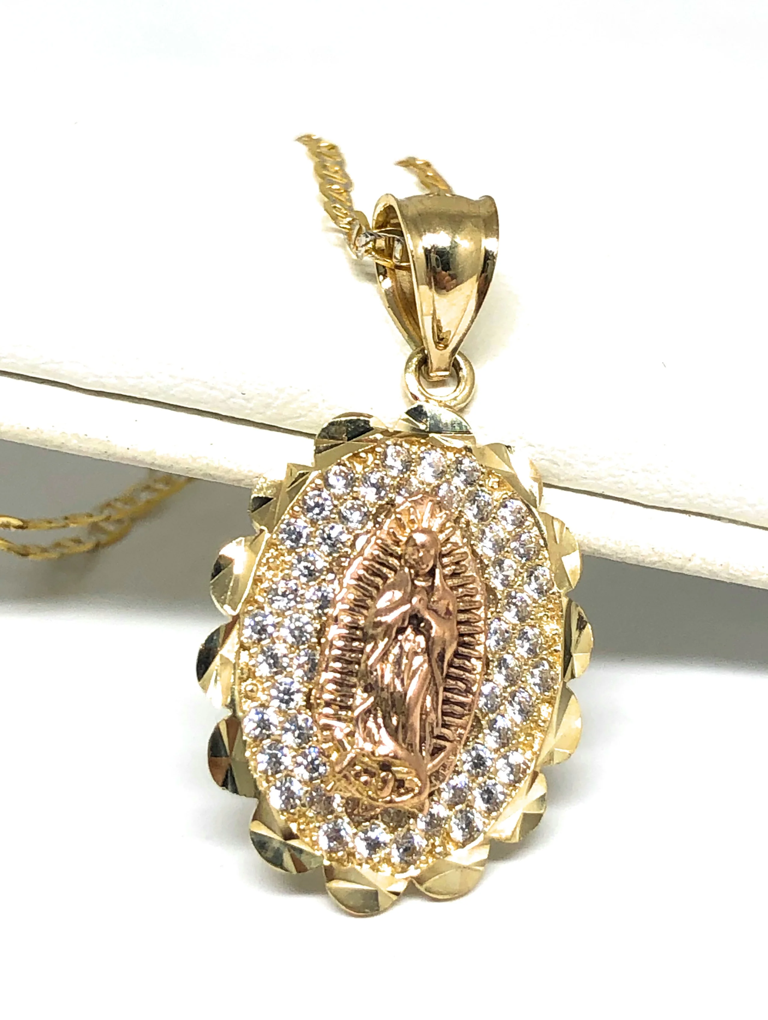 10k Solid Gold Yellow & Rose Gold Virrgin Mary Cubic Zirconia Pendant Necklace Virrgen Gaudalupe