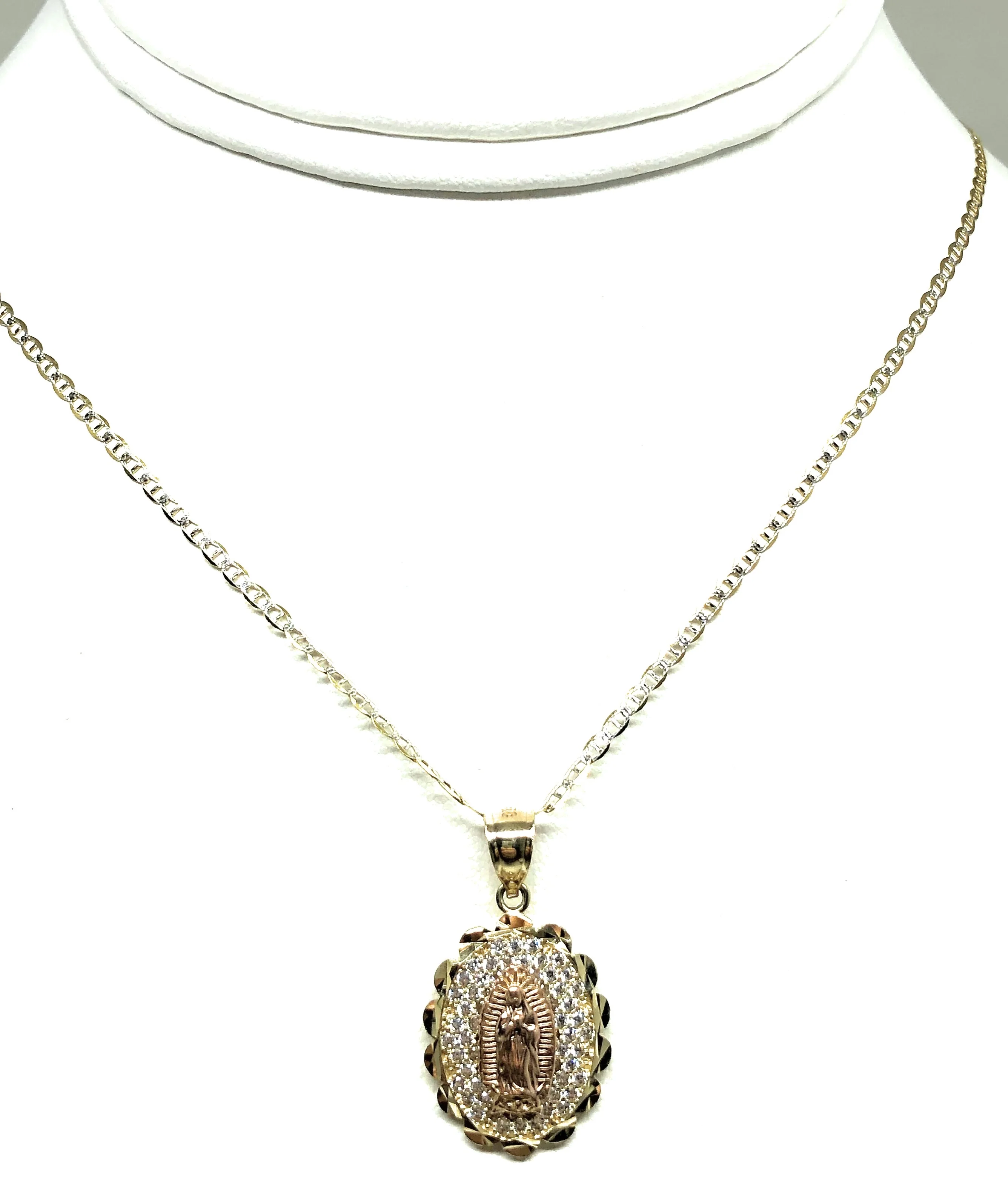 10k Solid Gold Yellow & Rose Gold Virrgin Mary Cubic Zirconia Pendant Necklace Virrgen Gaudalupe - Image 11