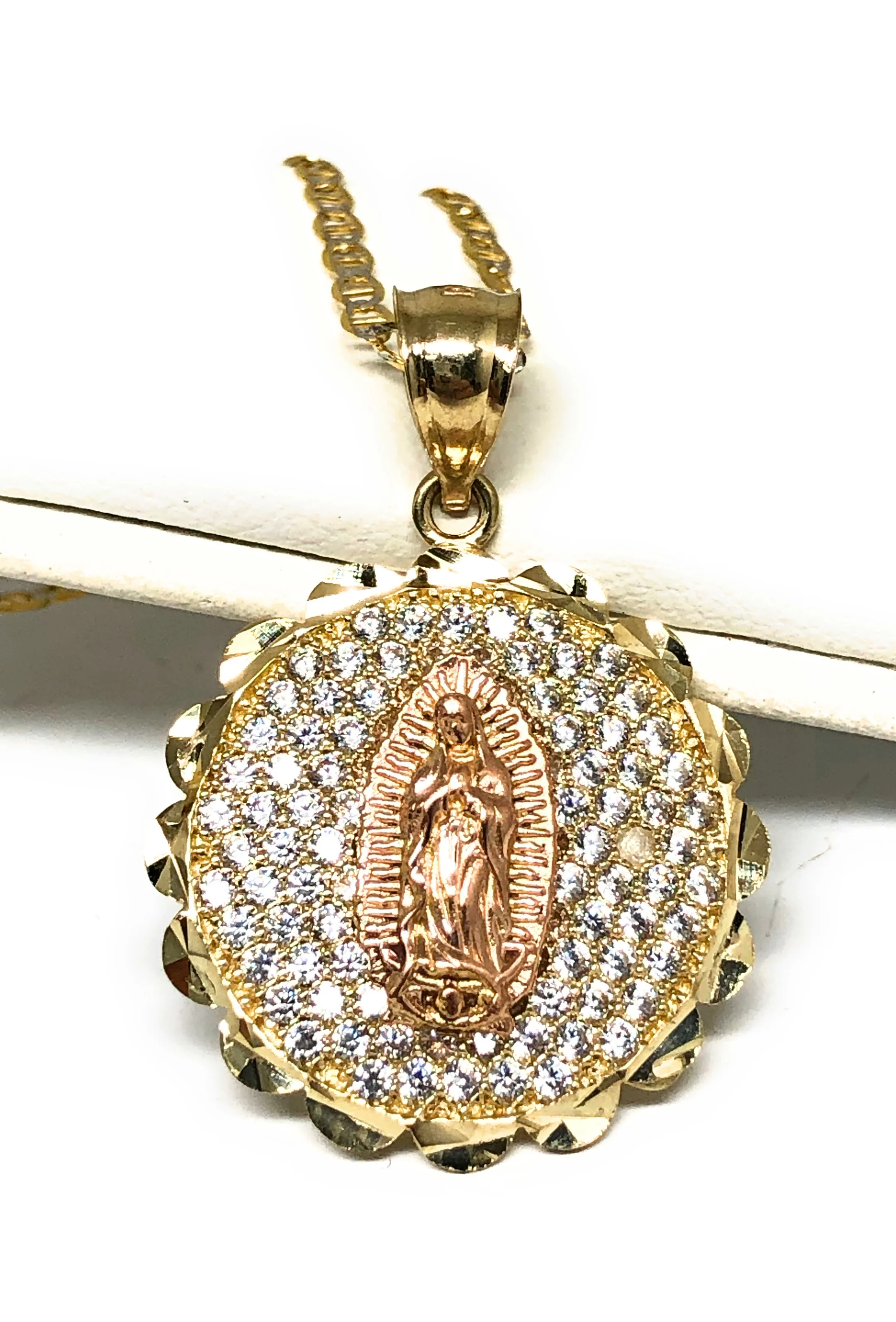 10k Solid Gold Yellow & Rose Gold Virrgin Mary Cubic Zirconia Pendant Necklace Virrgen Gaudalupe - Image 2