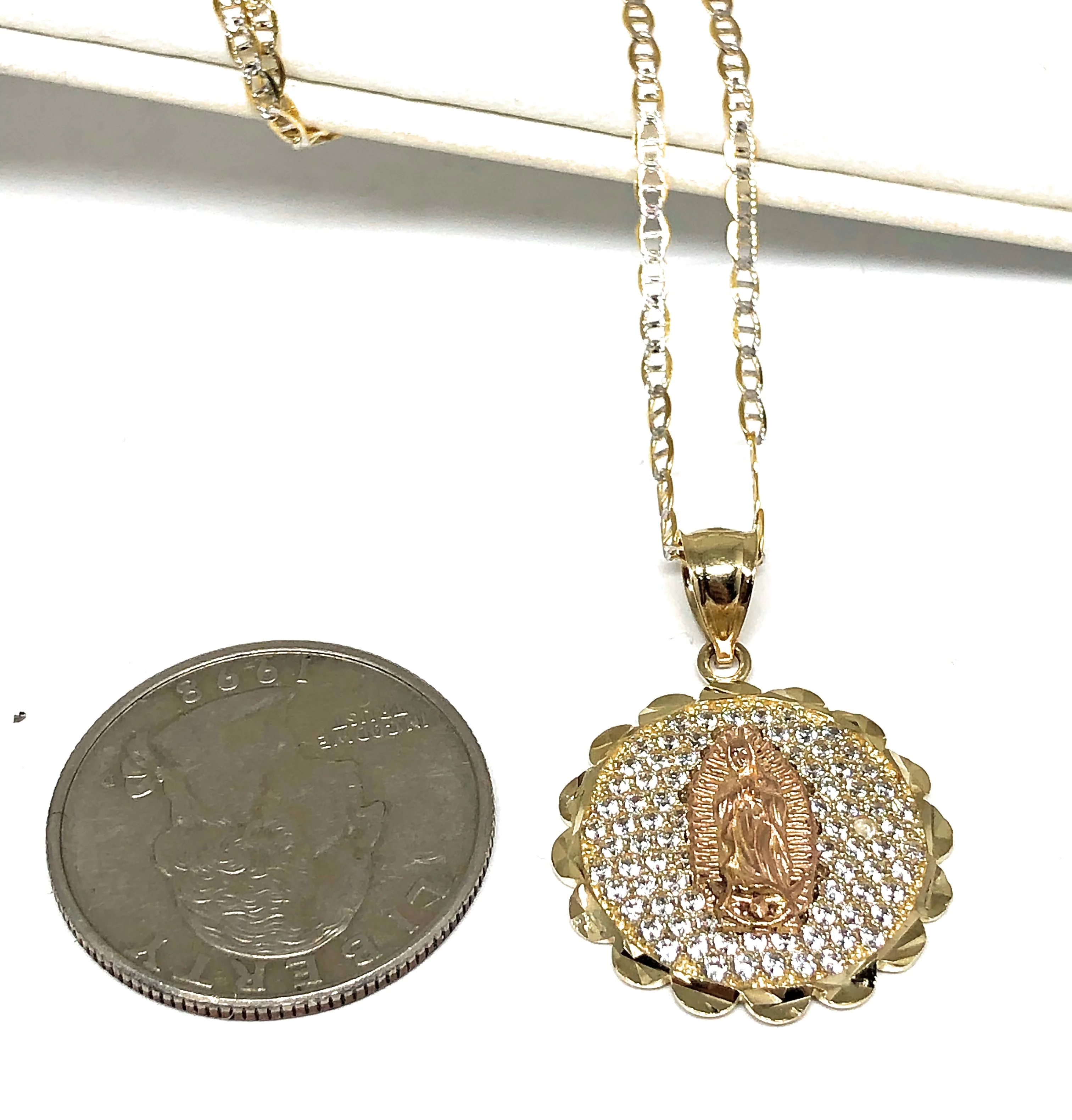 10k Solid Gold Yellow & Rose Gold Virrgin Mary Cubic Zirconia Pendant Necklace Virrgen Gaudalupe - Image 3