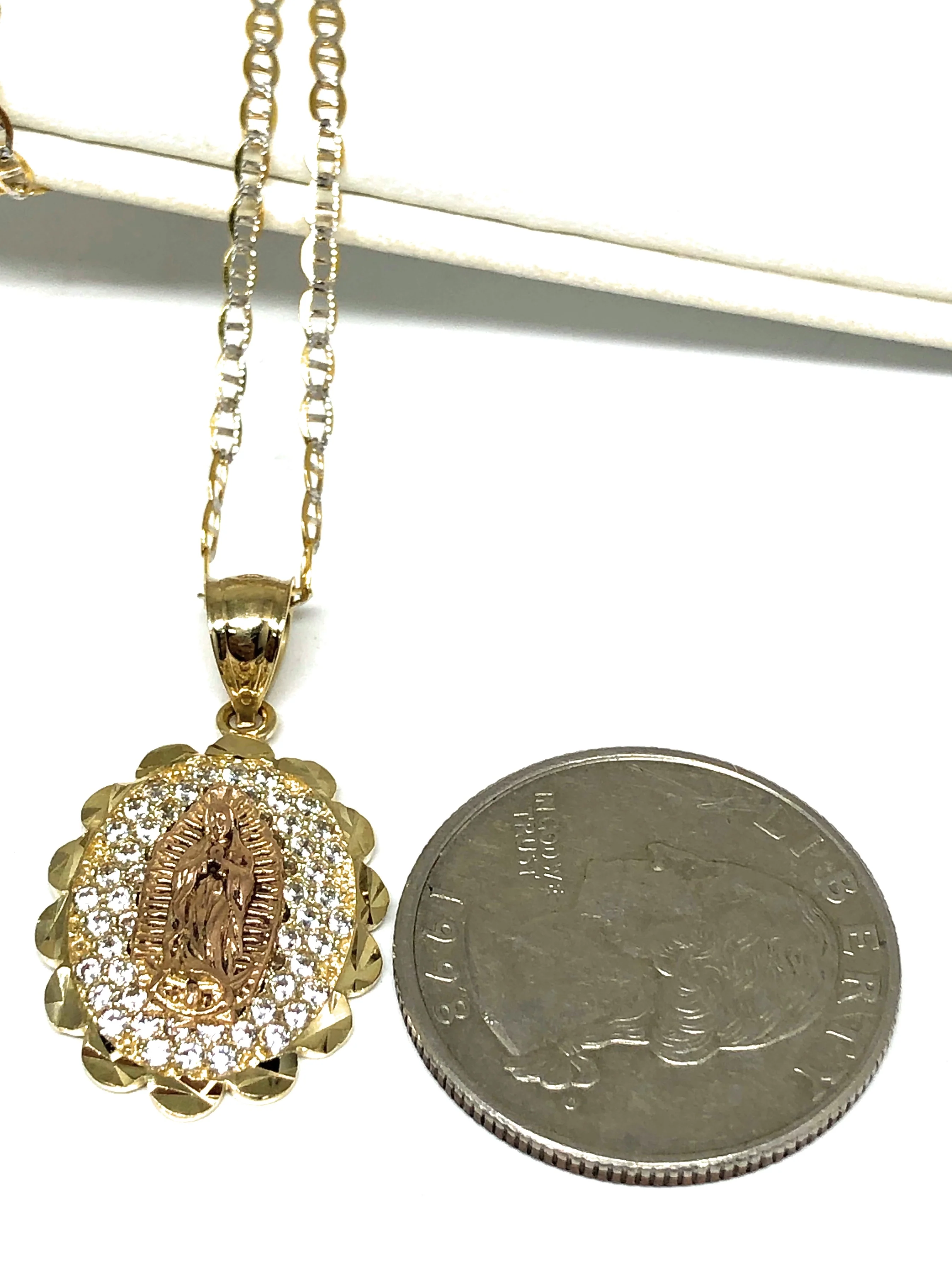 10k Solid Gold Yellow & Rose Gold Virrgin Mary Cubic Zirconia Pendant Necklace Virrgen Gaudalupe - Image 4