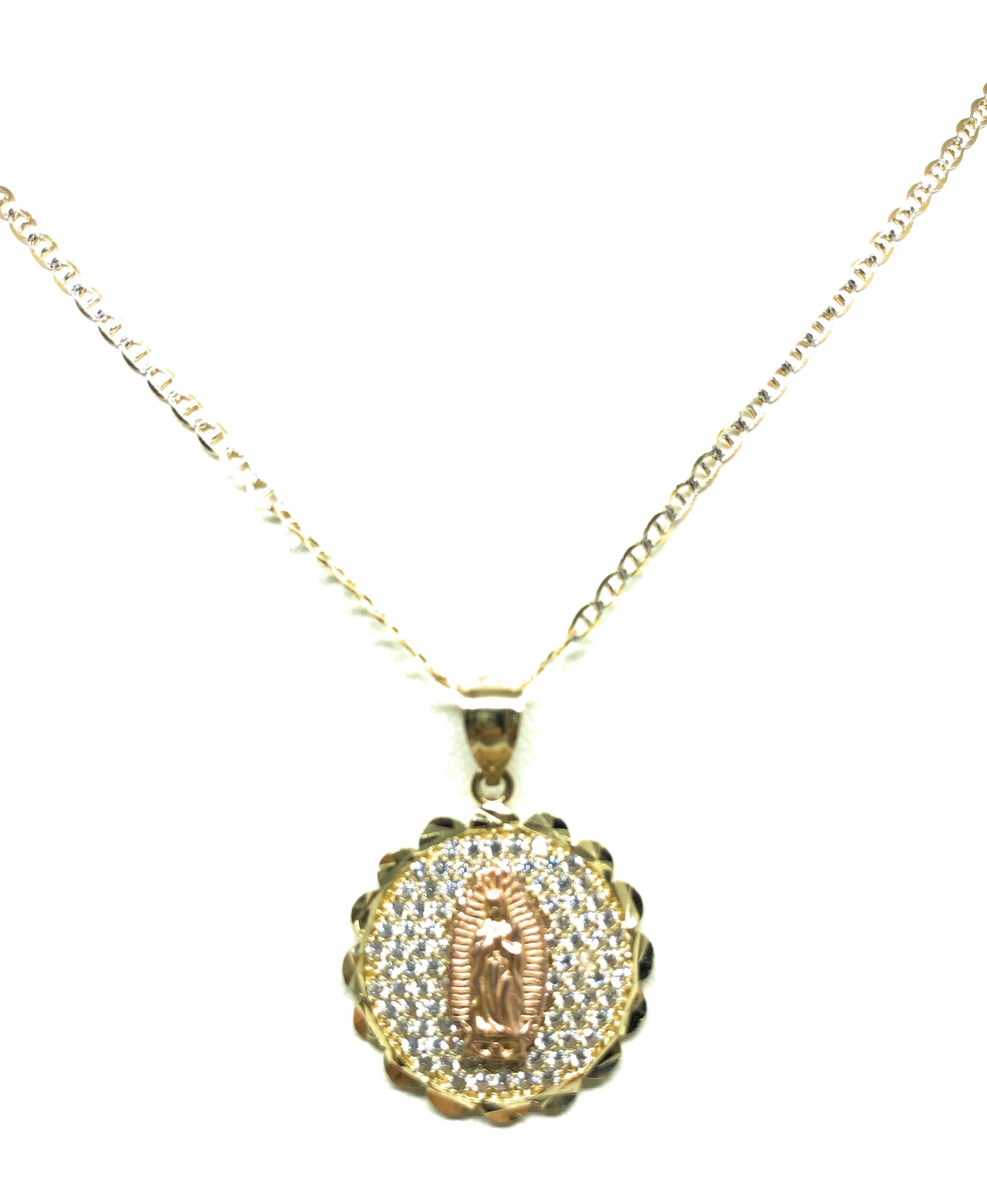 10k Solid Gold Yellow & Rose Gold Virrgin Mary Cubic Zirconia Pendant Necklace Virrgen Gaudalupe - Image 5