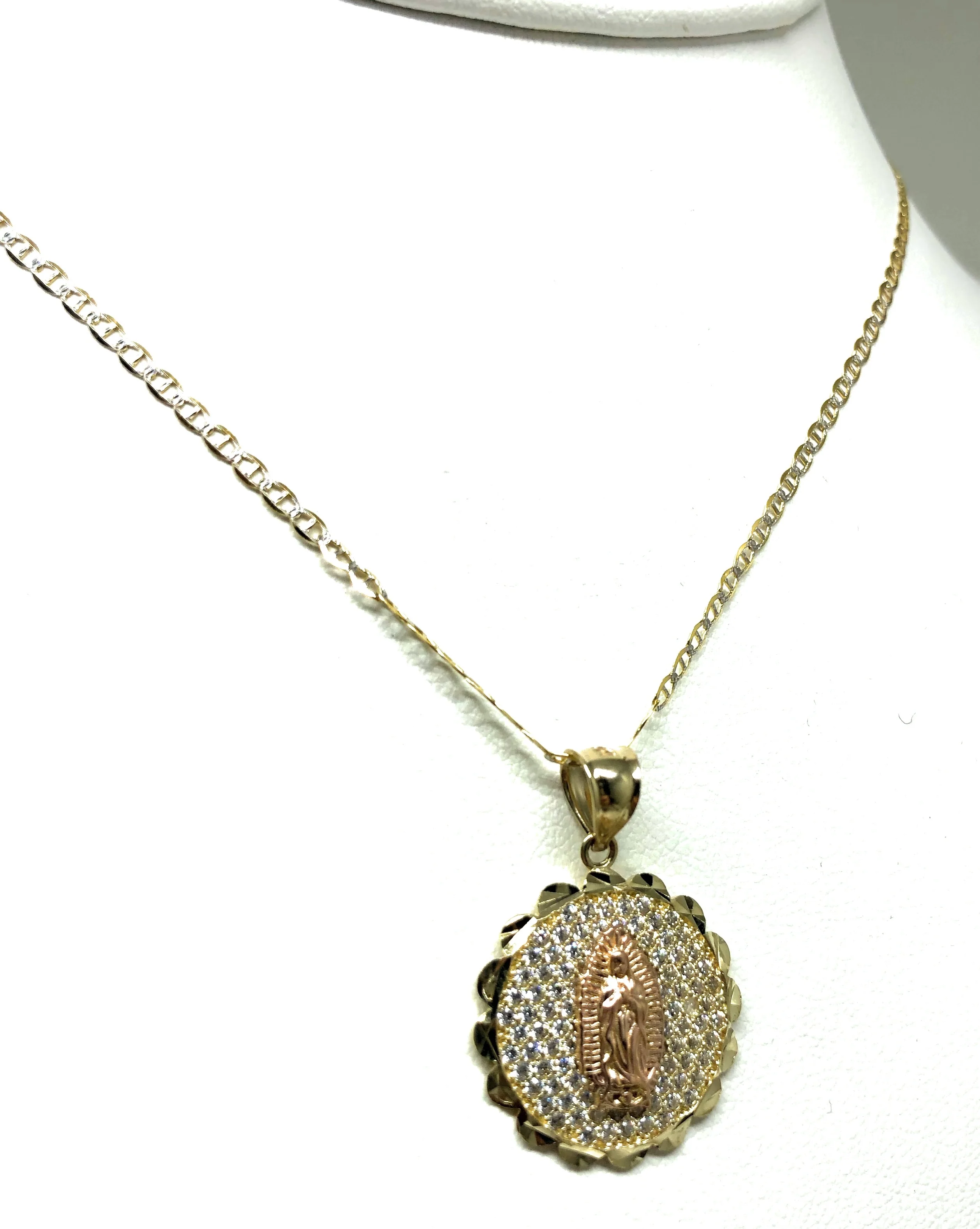 10k Solid Gold Yellow & Rose Gold Virrgin Mary Cubic Zirconia Pendant Necklace Virrgen Gaudalupe - Image 6