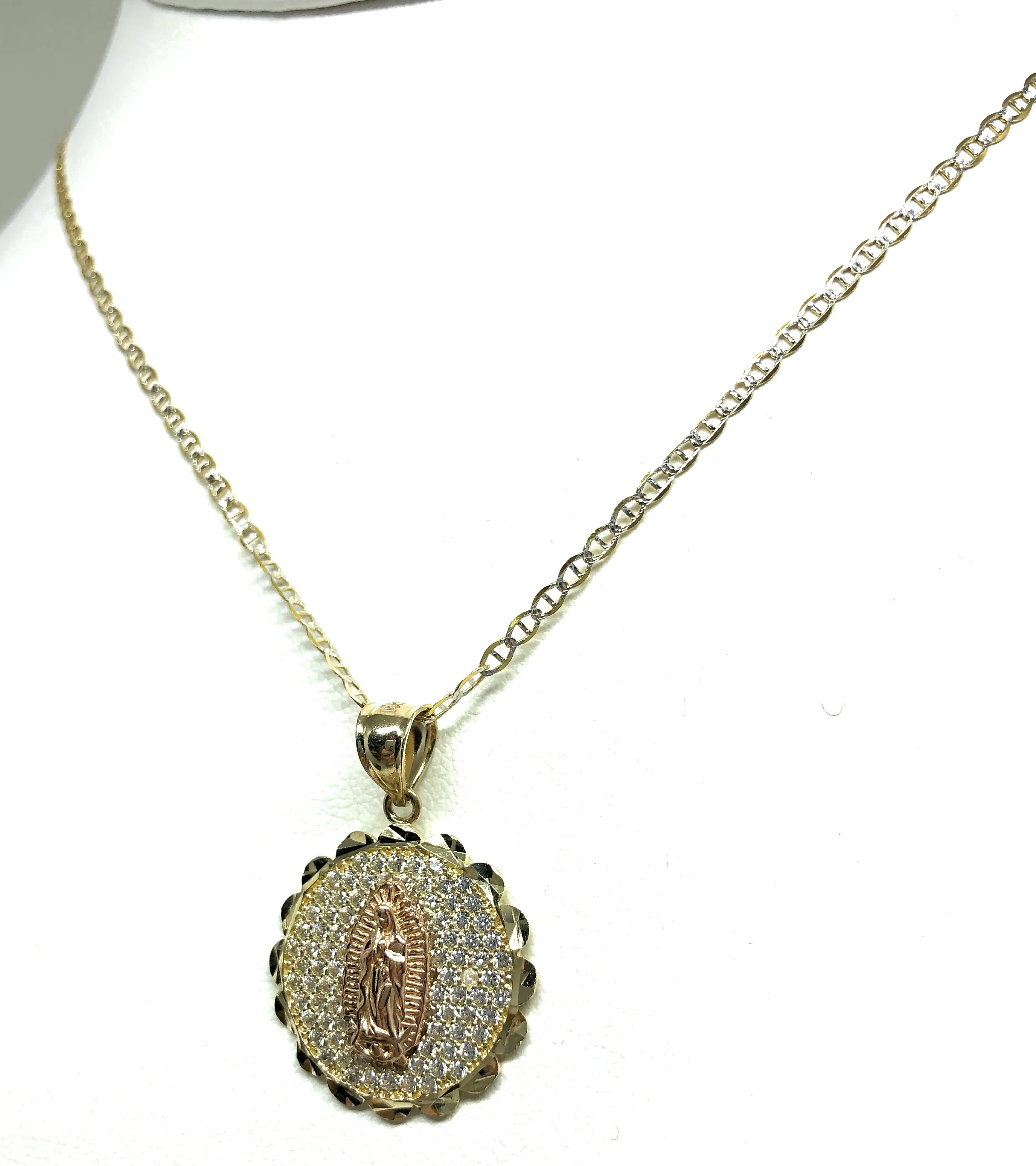 10k Solid Gold Yellow & Rose Gold Virrgin Mary Cubic Zirconia Pendant Necklace Virrgen Gaudalupe - Image 7
