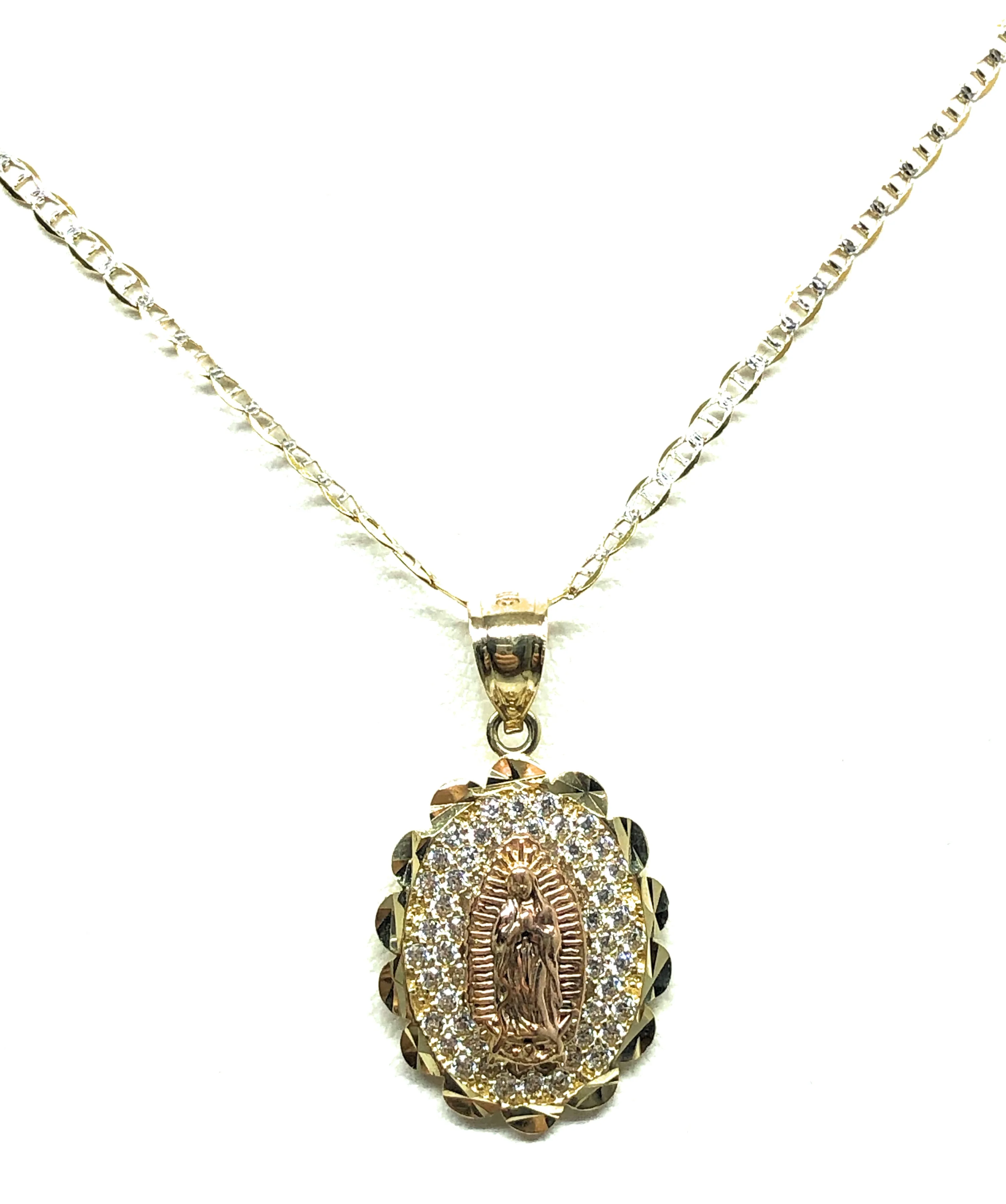 10k Solid Gold Yellow & Rose Gold Virrgin Mary Cubic Zirconia Pendant Necklace Virrgen Gaudalupe - Image 8