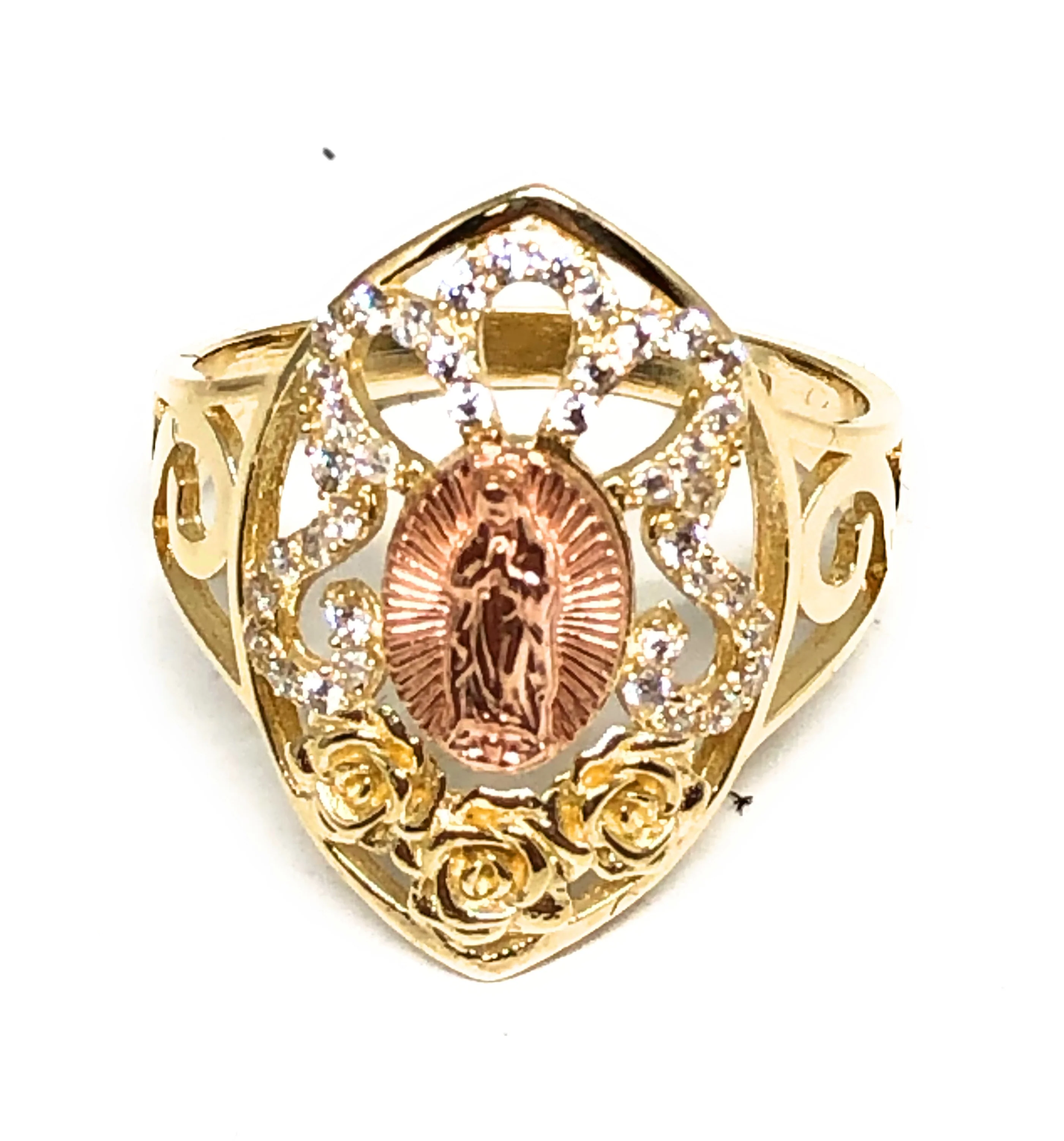 10k Solid Gold Yellow & Rose Gold Virrgin Mary CZ Flower Ring
