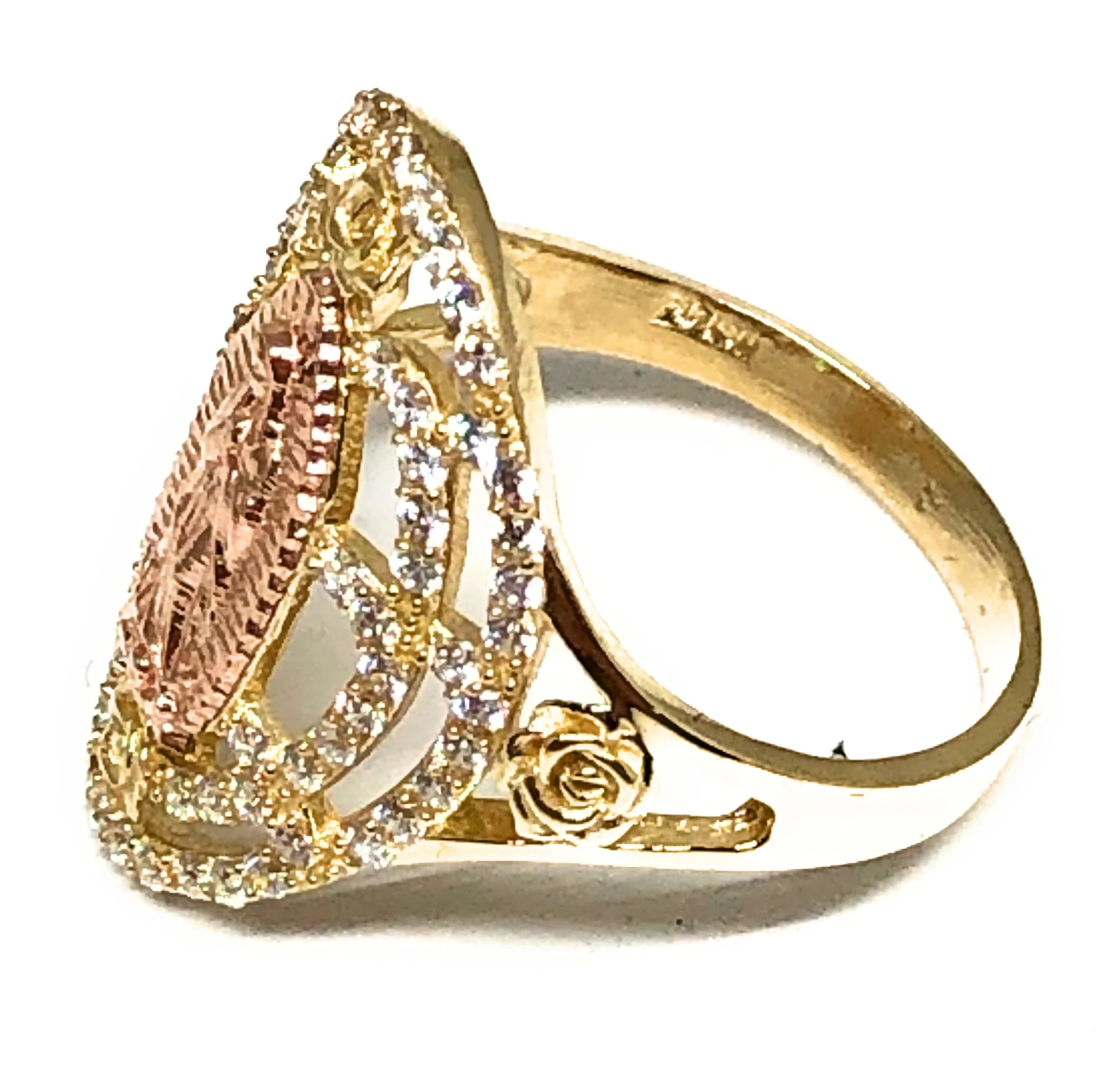 10k Solid Gold Yellow & Rose Gold Virrgin Mary CZ Flower Ring - Image 2