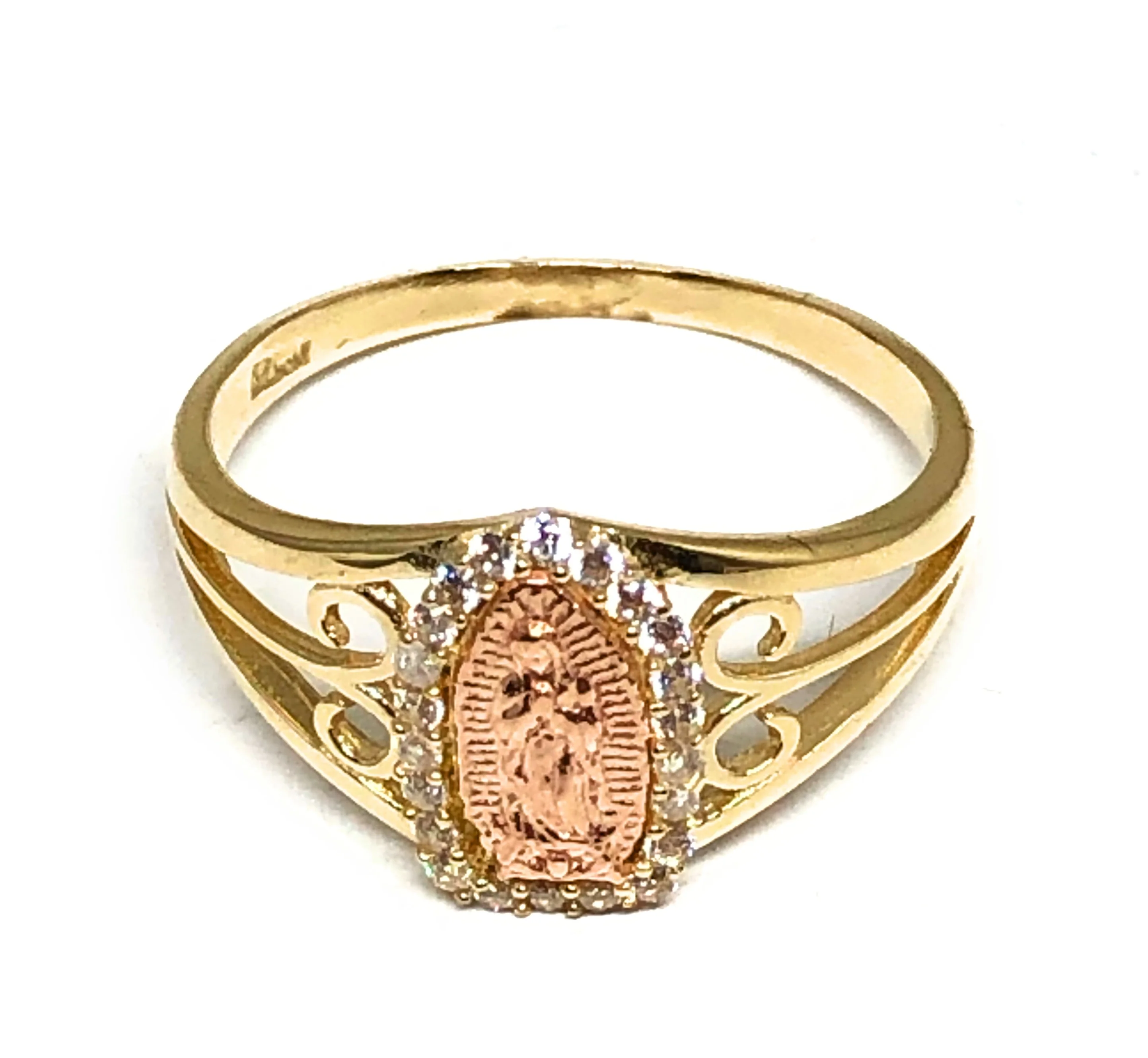 10k Solid Gold Yellow & Rose Gold Virrgin Mary CZ Ring