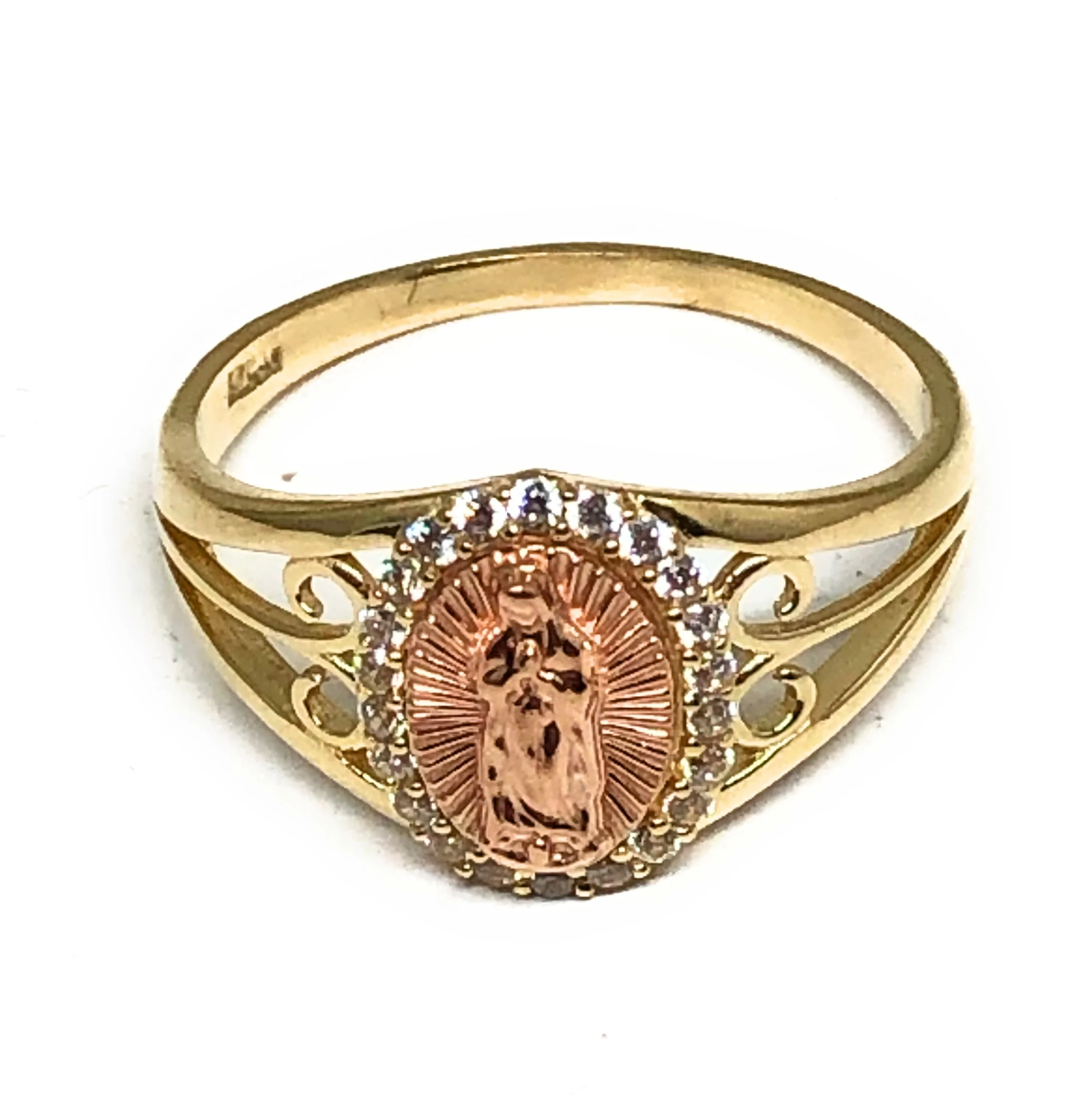 10k Solid Gold Yellow & Rose Gold Virrgin Mary CZ Ring