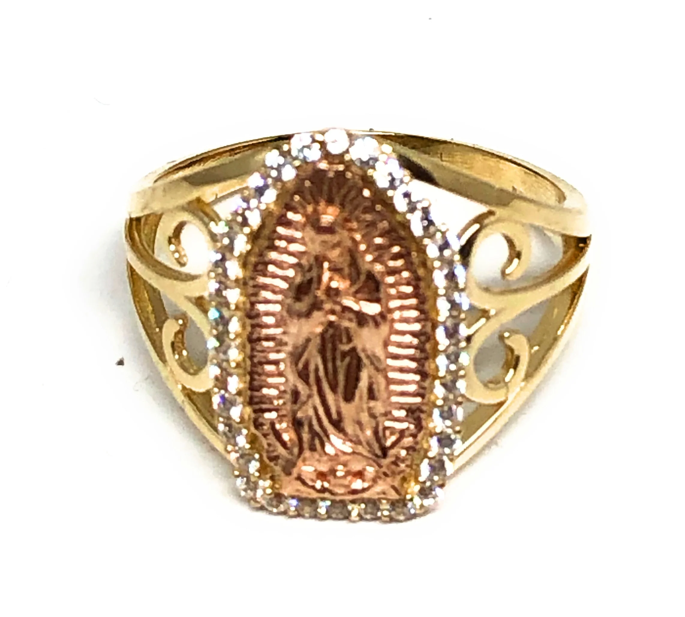 10k Solid Gold Yellow & Rose Gold Virrgin Mary CZ Ring