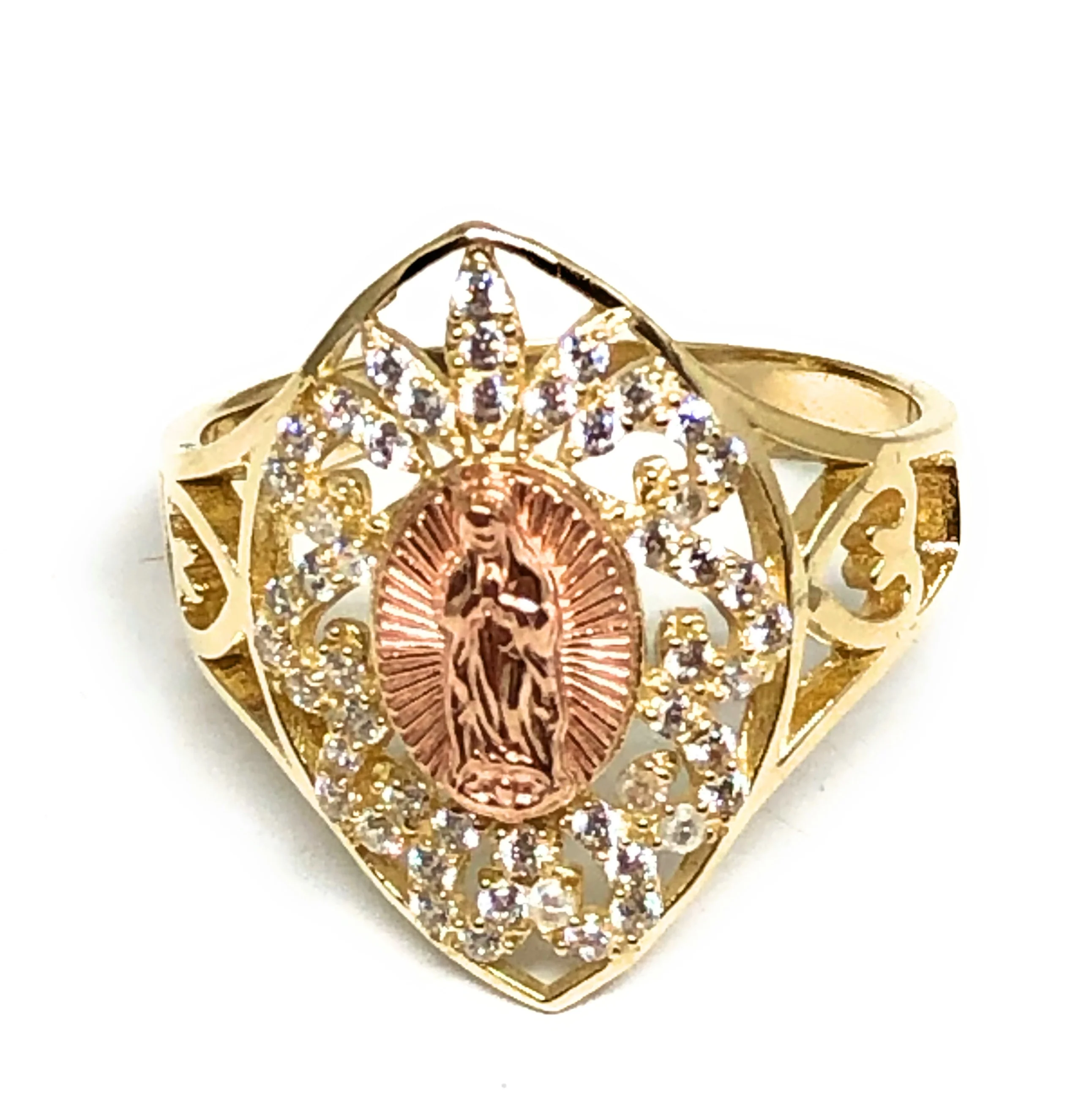 10k Solid Gold Yellow & Rose Gold Virrgin Mary CZ Ring