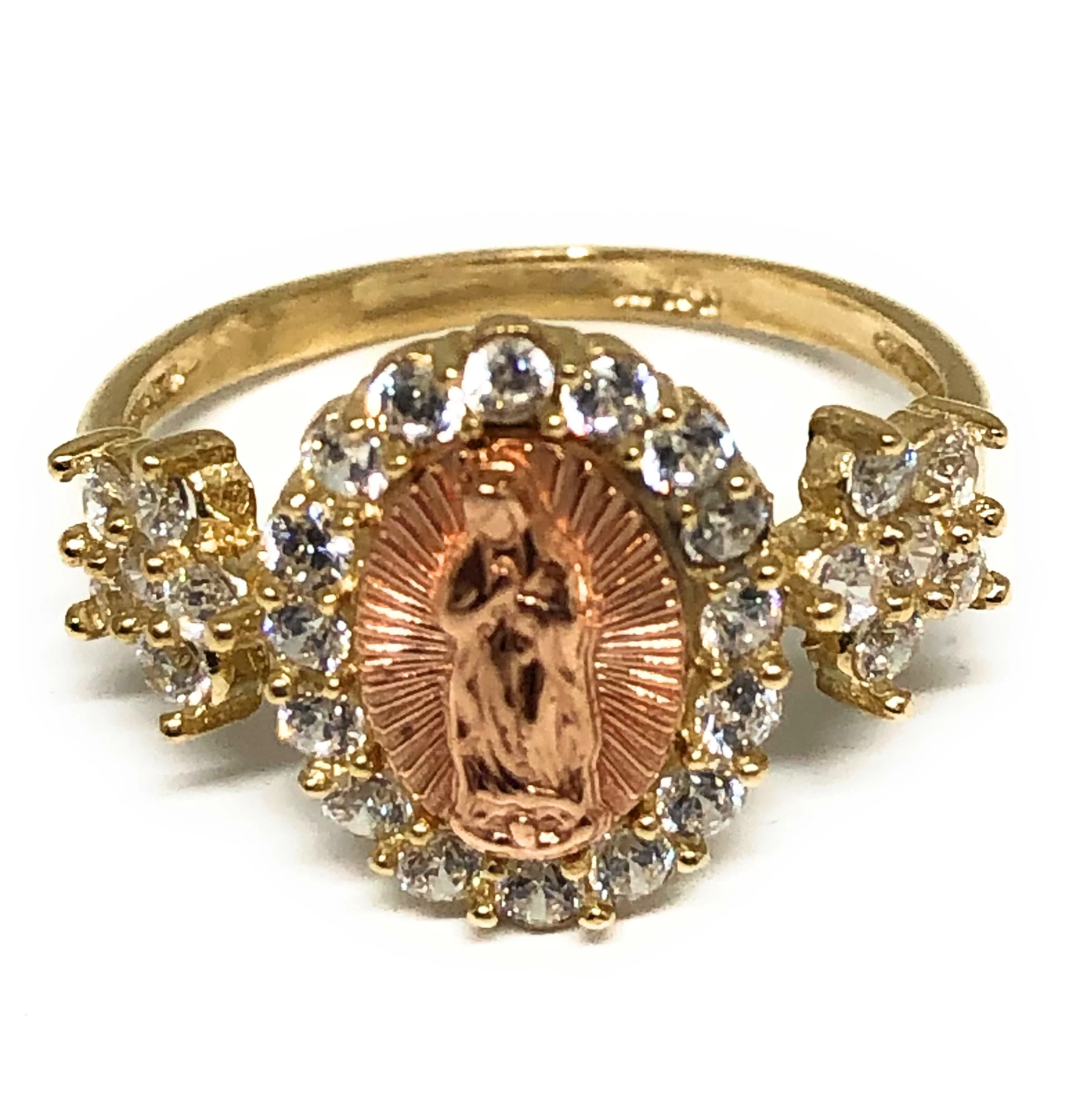 14k Solid Gold Yellow & Rose Gold Virrgin Mary CZ Ring