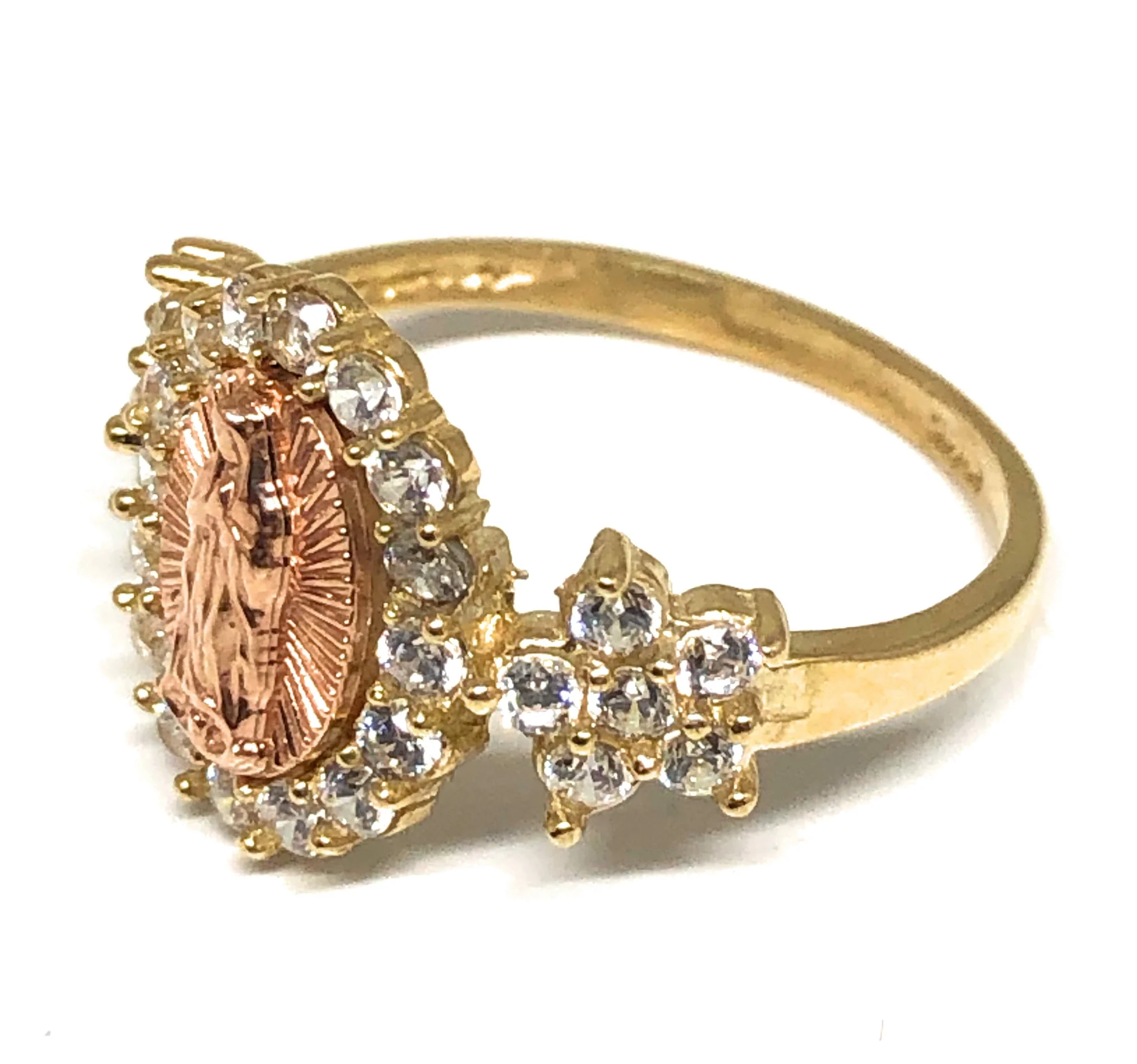 14k Solid Gold Yellow & Rose Gold Virrgin Mary CZ Ring - Image 2