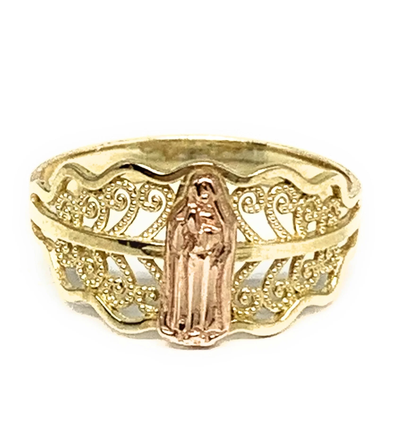 10k Solid Gold Yellow & Rose Gold Virrgin Mary Filigran Ring (FC 145)