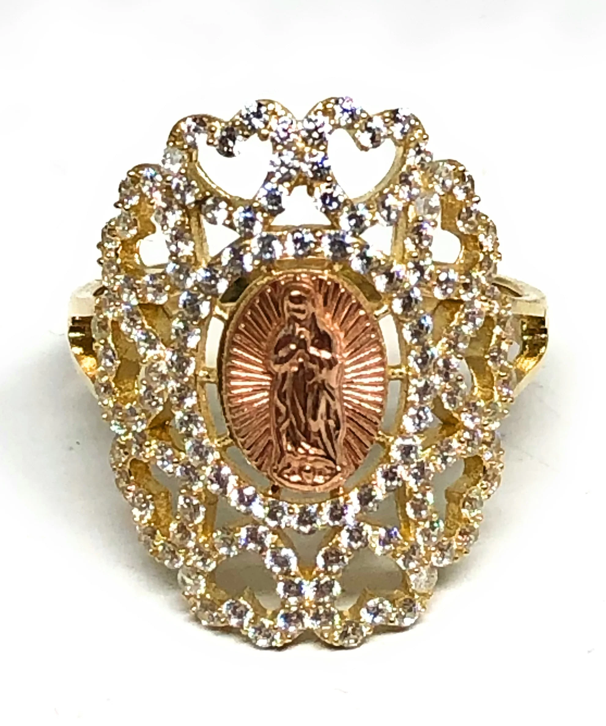 10k Solid Gold Yellow & Rose Gold Virrgin Mary Hearts CZ Ring