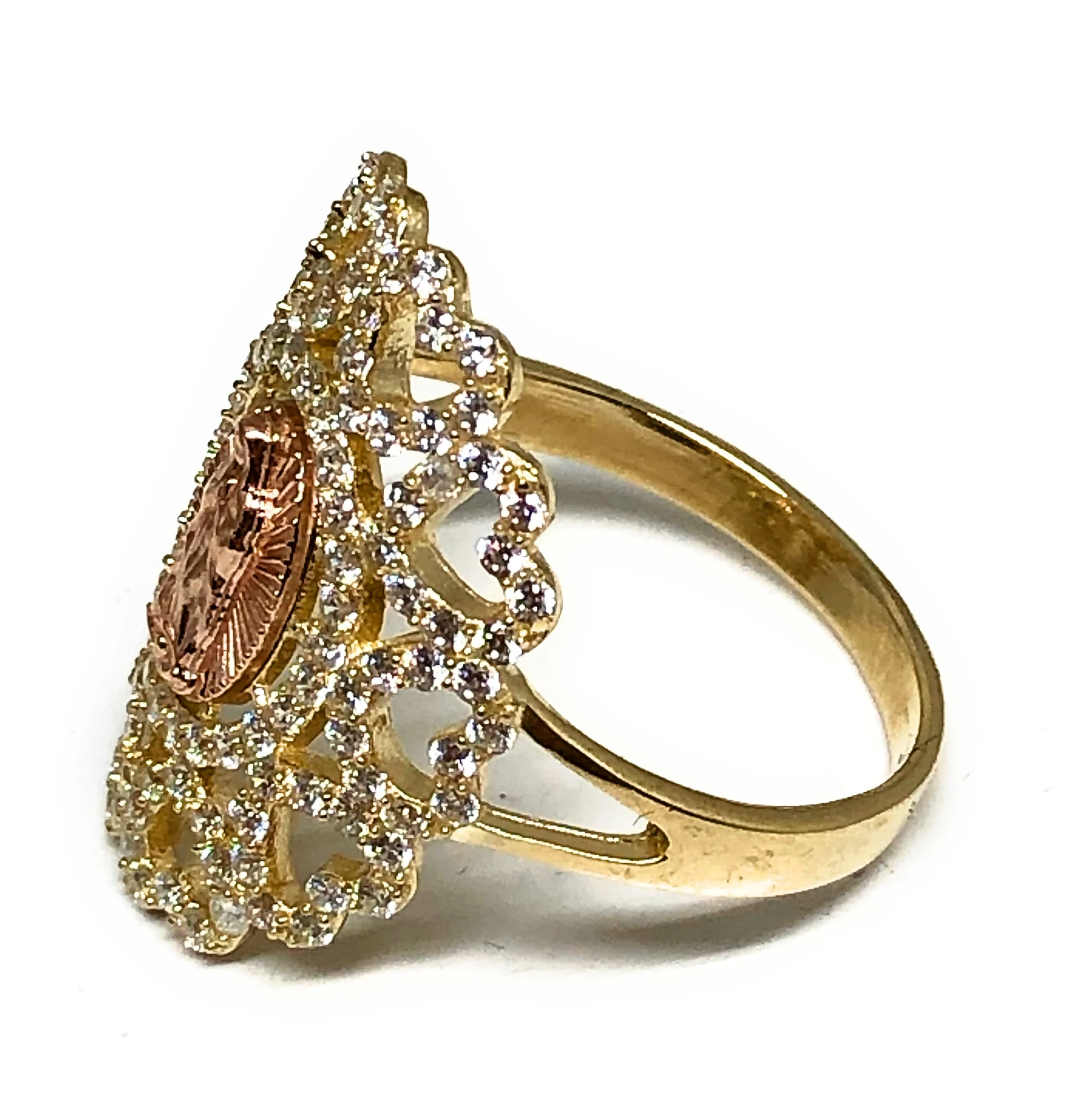 10k Solid Gold Yellow & Rose Gold Virrgin Mary Hearts CZ Ring - Image 3