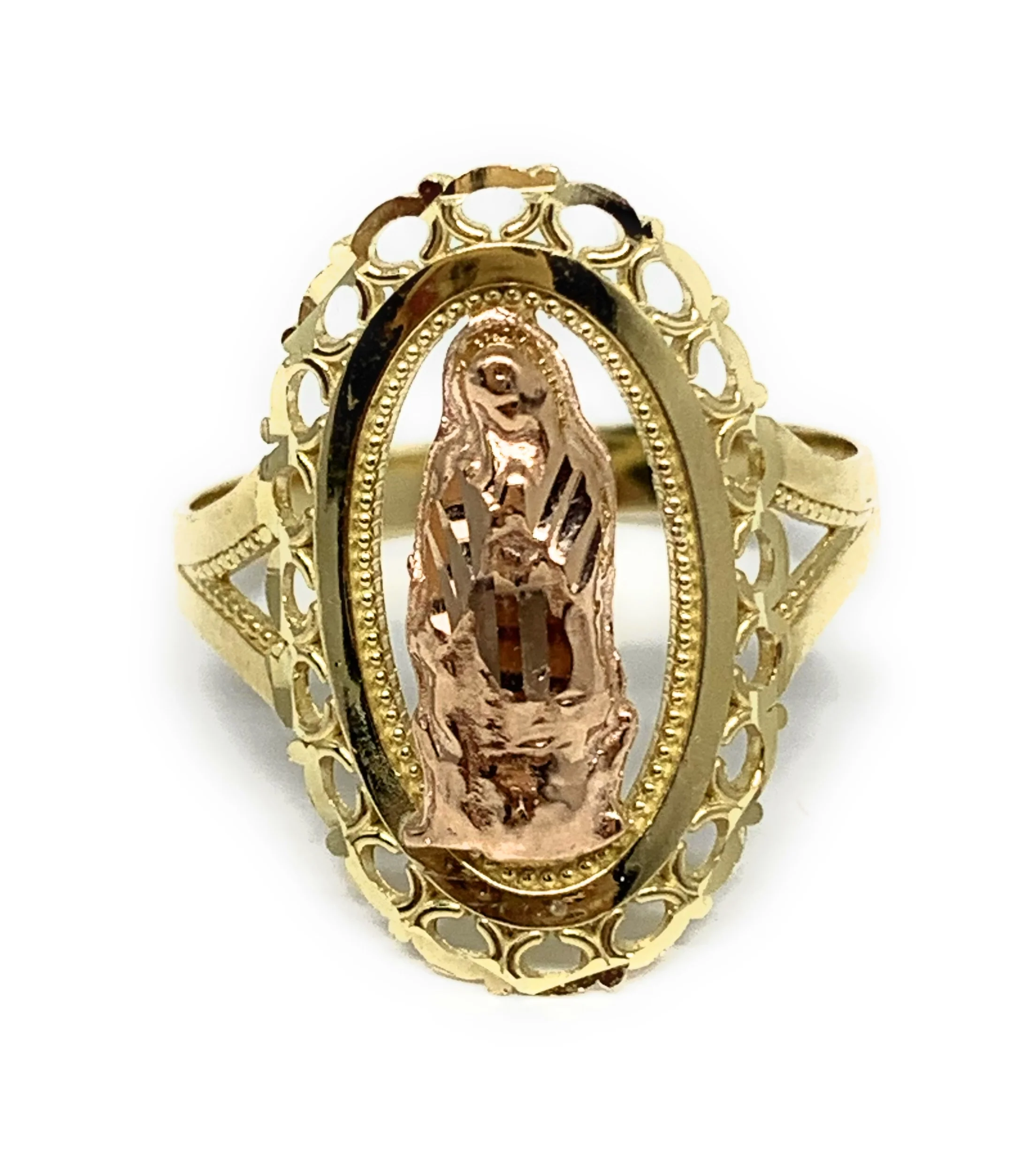 10k Solid Gold Yellow & Rose Gold Virrgin Mary Oval Elegant Ring