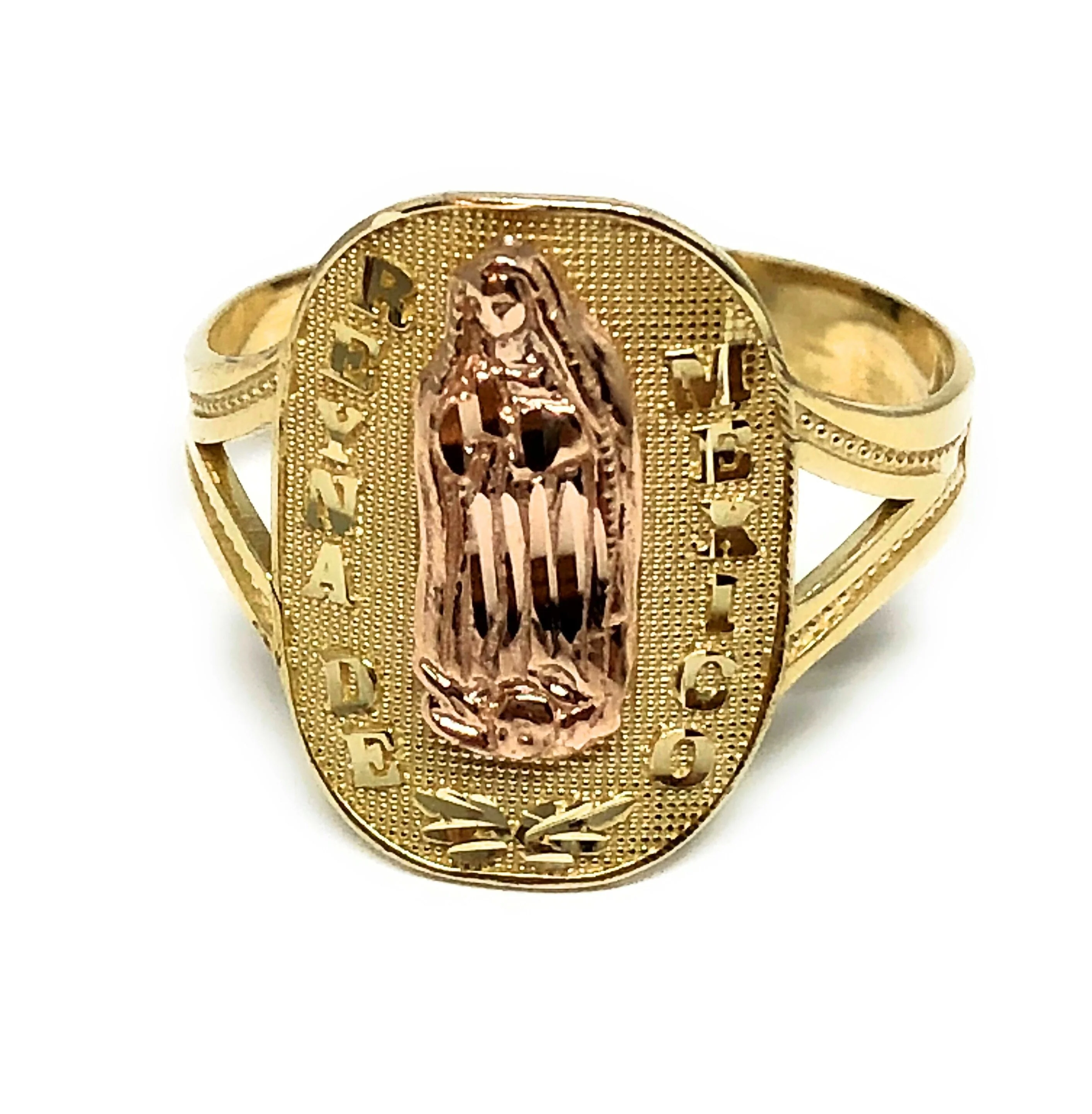 10k Solid Gold Yellow & Rose Gold Virrgin Mary "Reyna de Mexico" Ring