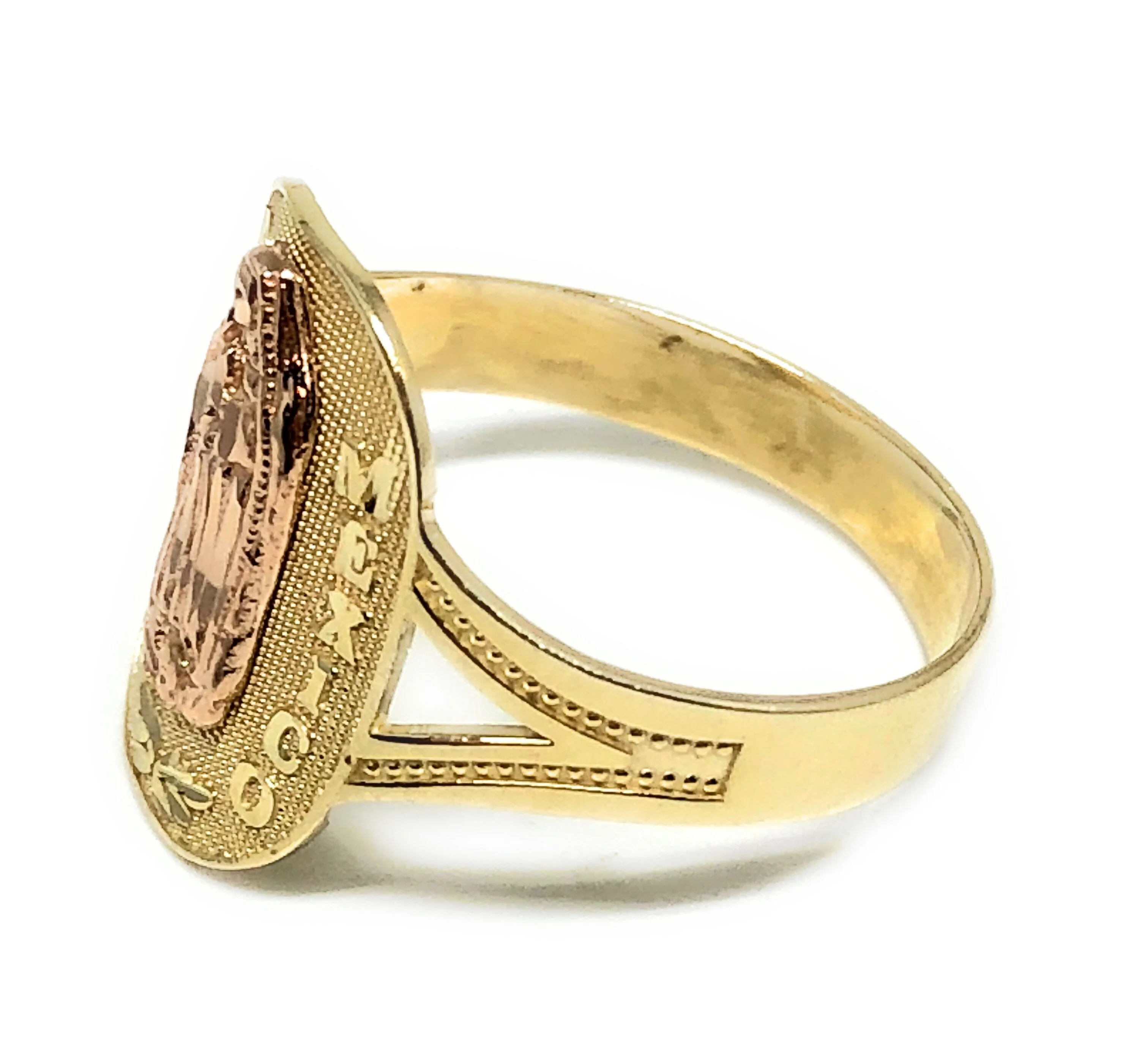 10k Solid Gold Yellow & Rose Gold Virrgin Mary "Reyna de Mexico" Ring - Image 2