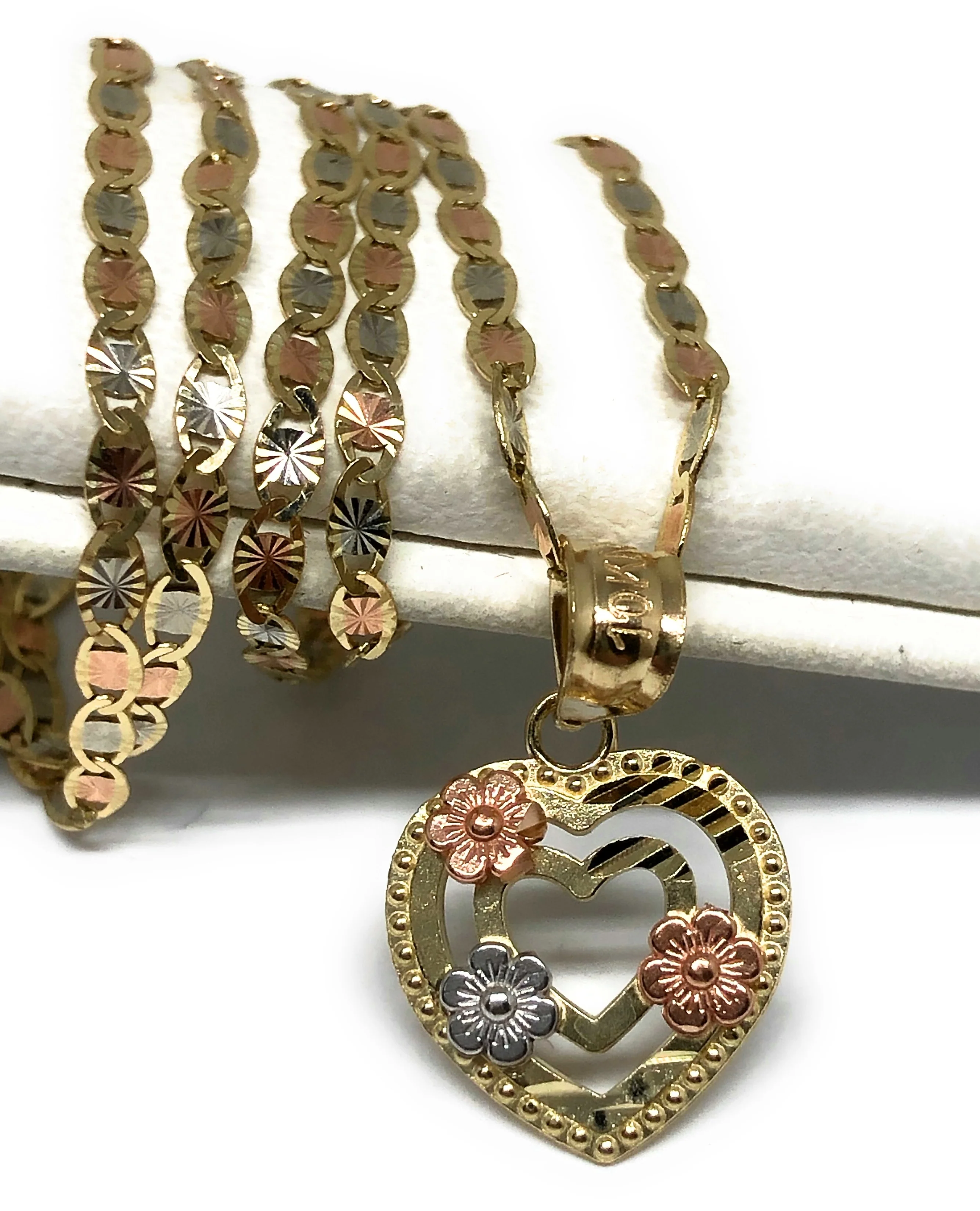 10k Solid Gold Tri-Color  Heart Flower Pendant Necklace Valentina Chain