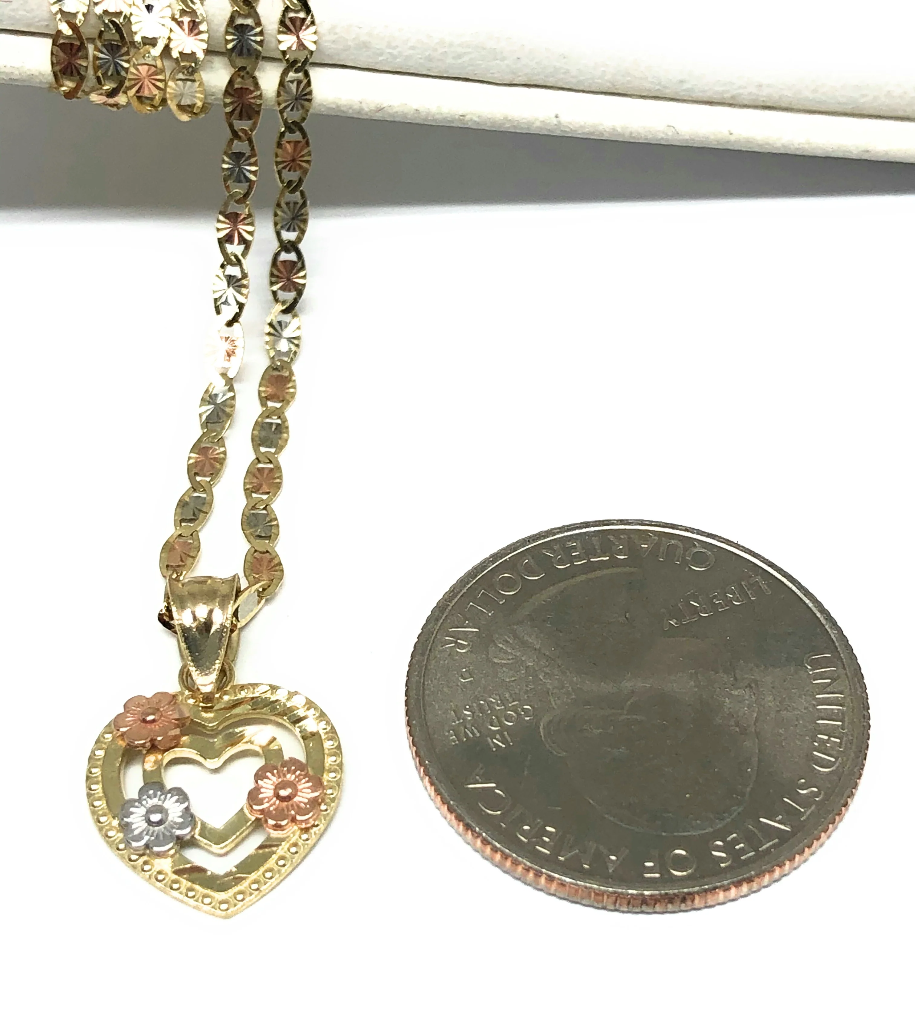 10k Solid Gold Tri-Color  Heart Flower Pendant Necklace Valentina Chain - Image 2