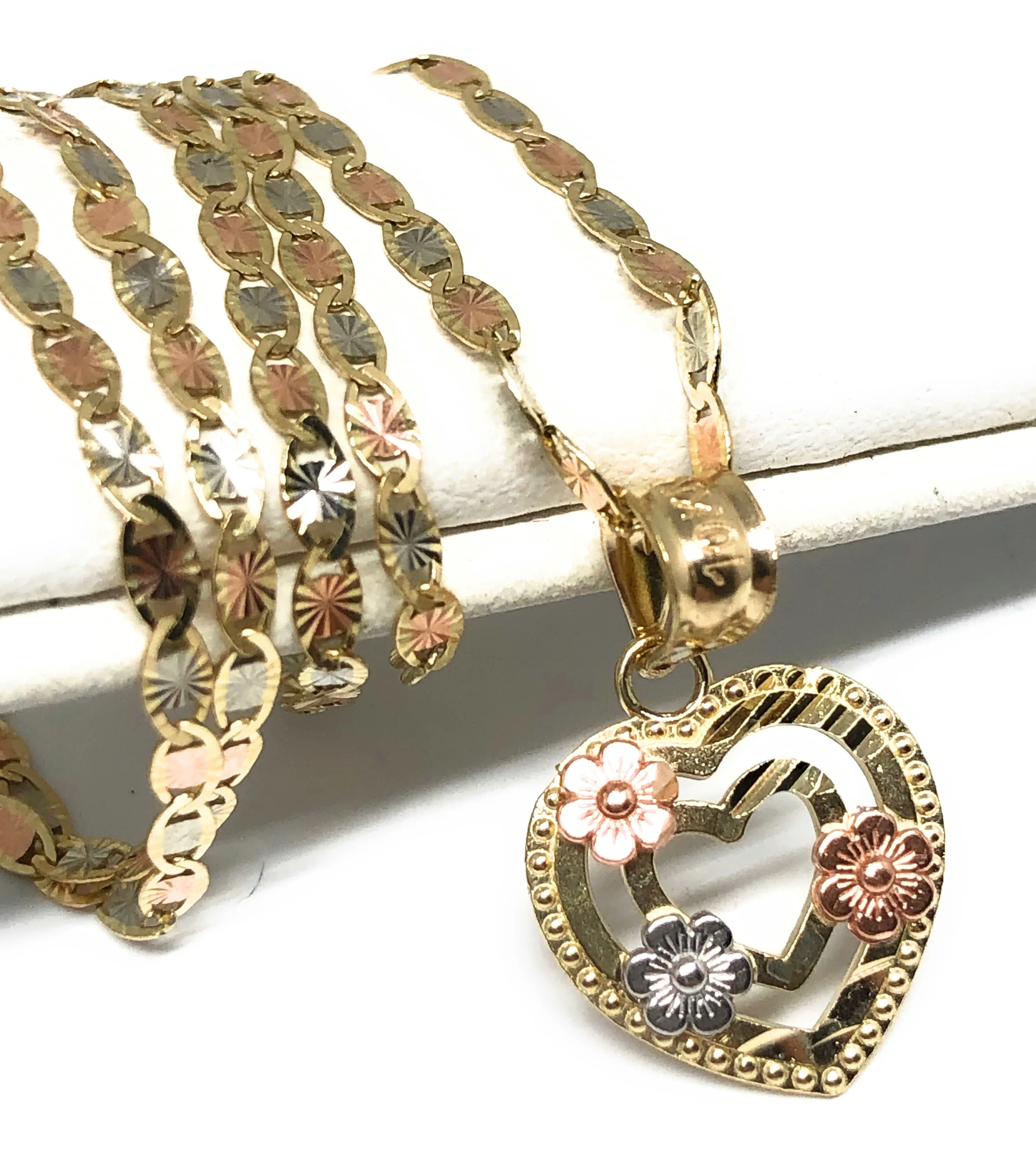 10k Solid Gold Tri-Color  Heart Flower Pendant Necklace Valentina Chain - Image 3