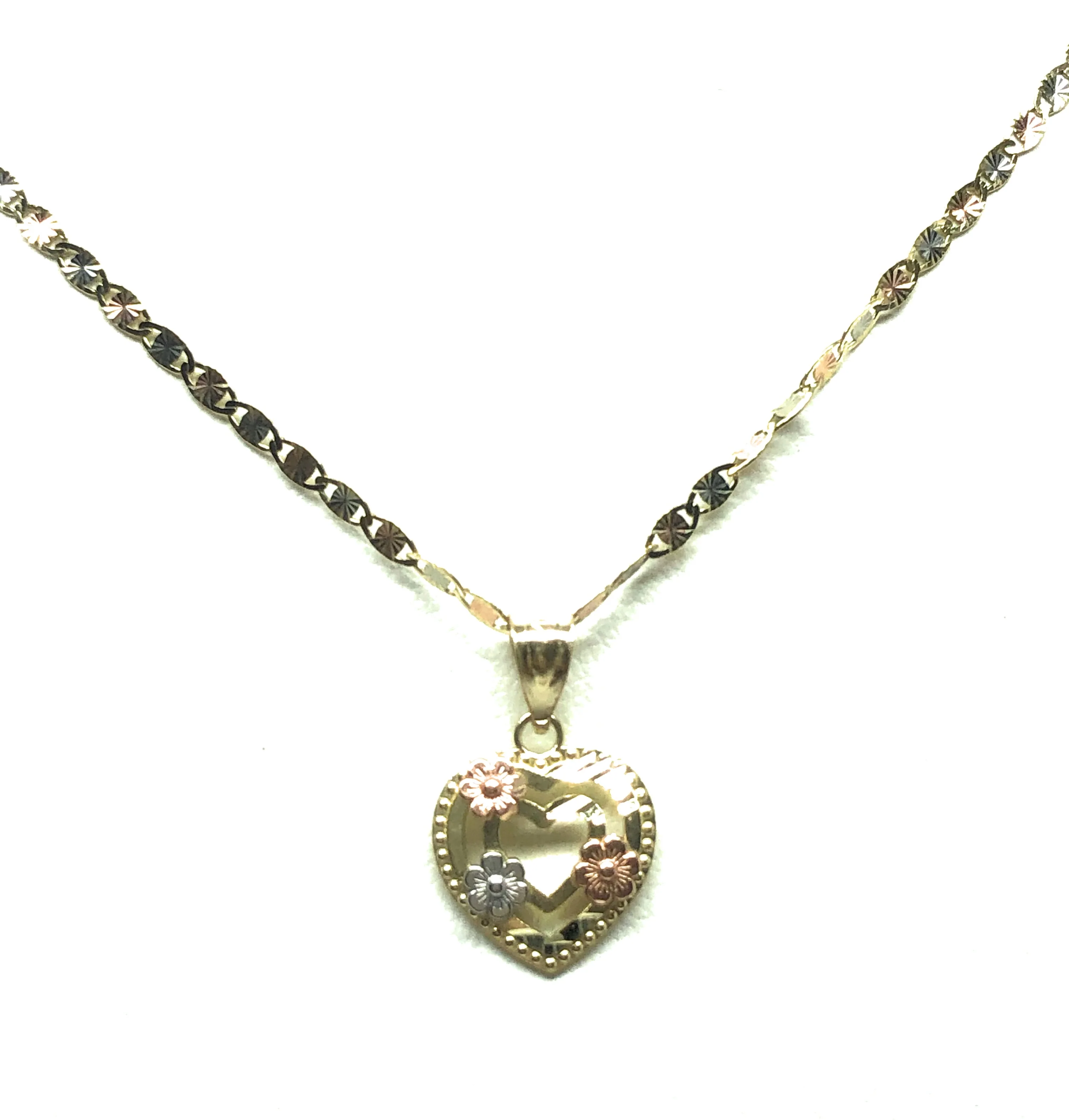 10k Solid Gold Tri-Color  Heart Flower Pendant Necklace Valentina Chain - Image 4