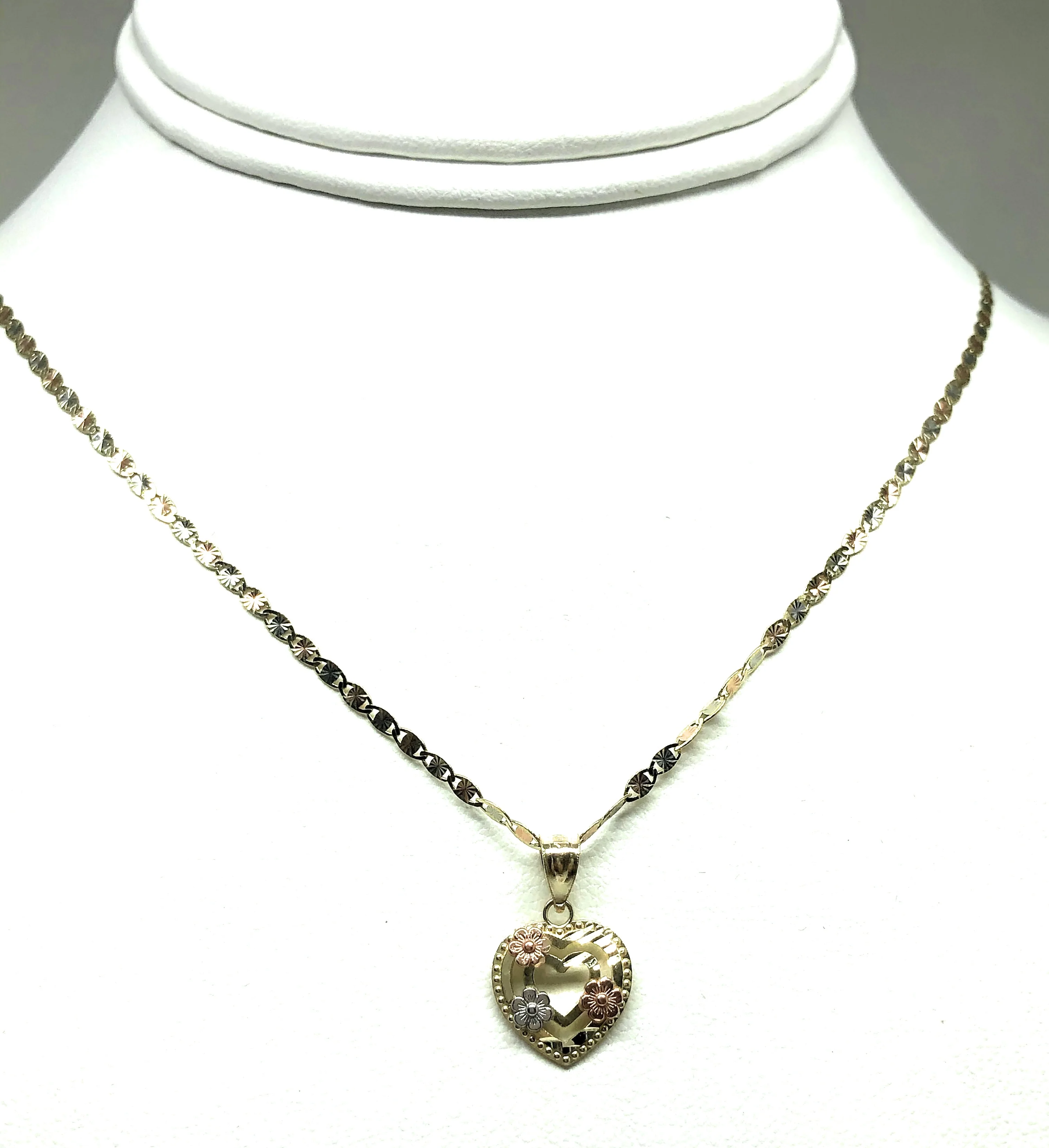 10k Solid Gold Tri-Color  Heart Flower Pendant Necklace Valentina Chain - Image 5