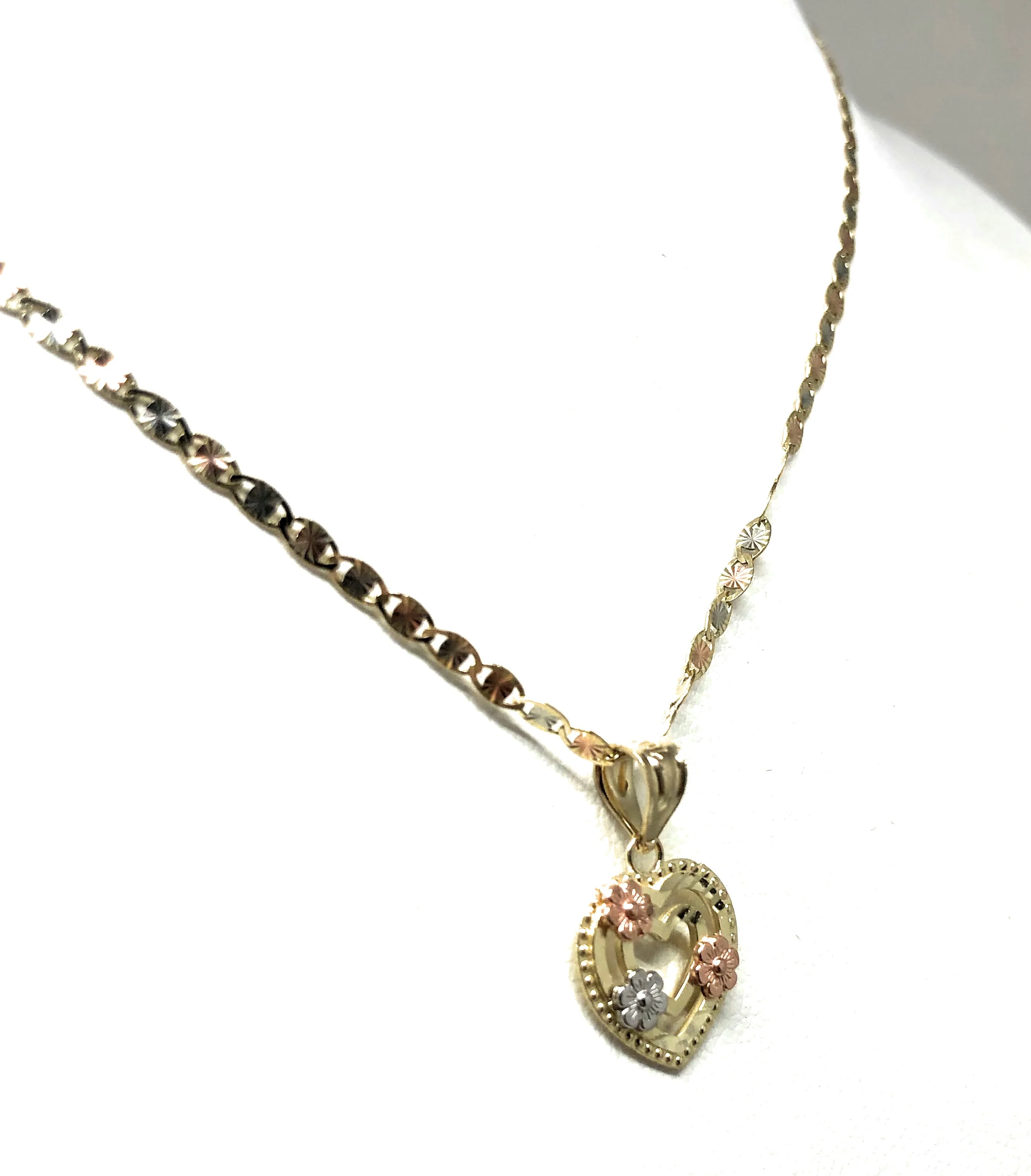 10k Solid Gold Tri-Color  Heart Flower Pendant Necklace Valentina Chain - Image 6