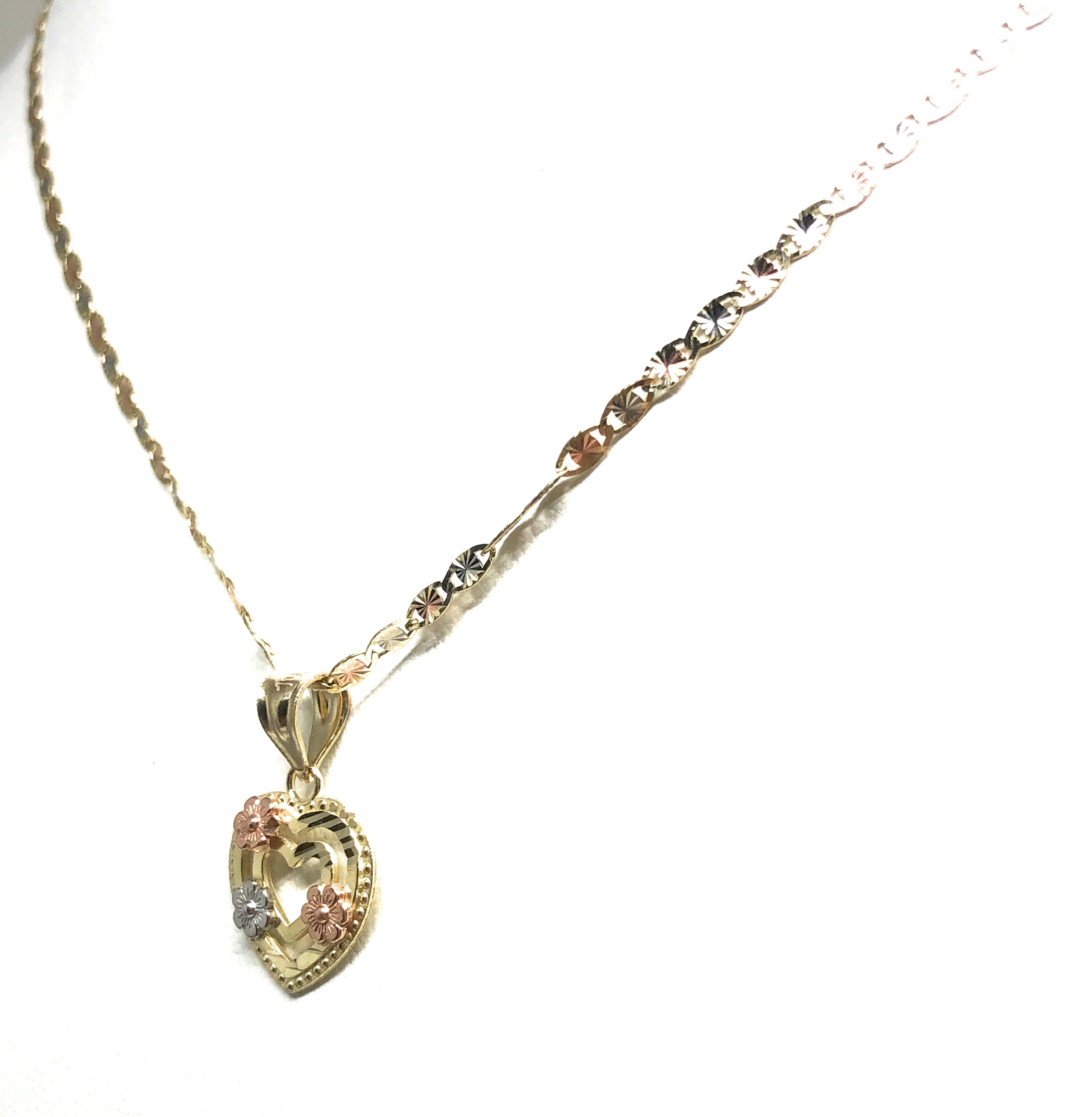 10k Solid Gold Tri-Color  Heart Flower Pendant Necklace Valentina Chain - Image 7